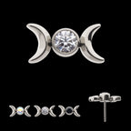 Bezel Set Round Gem Triple Moon Phase Flatback Stud Earring / Nosering - Gem in Titanium