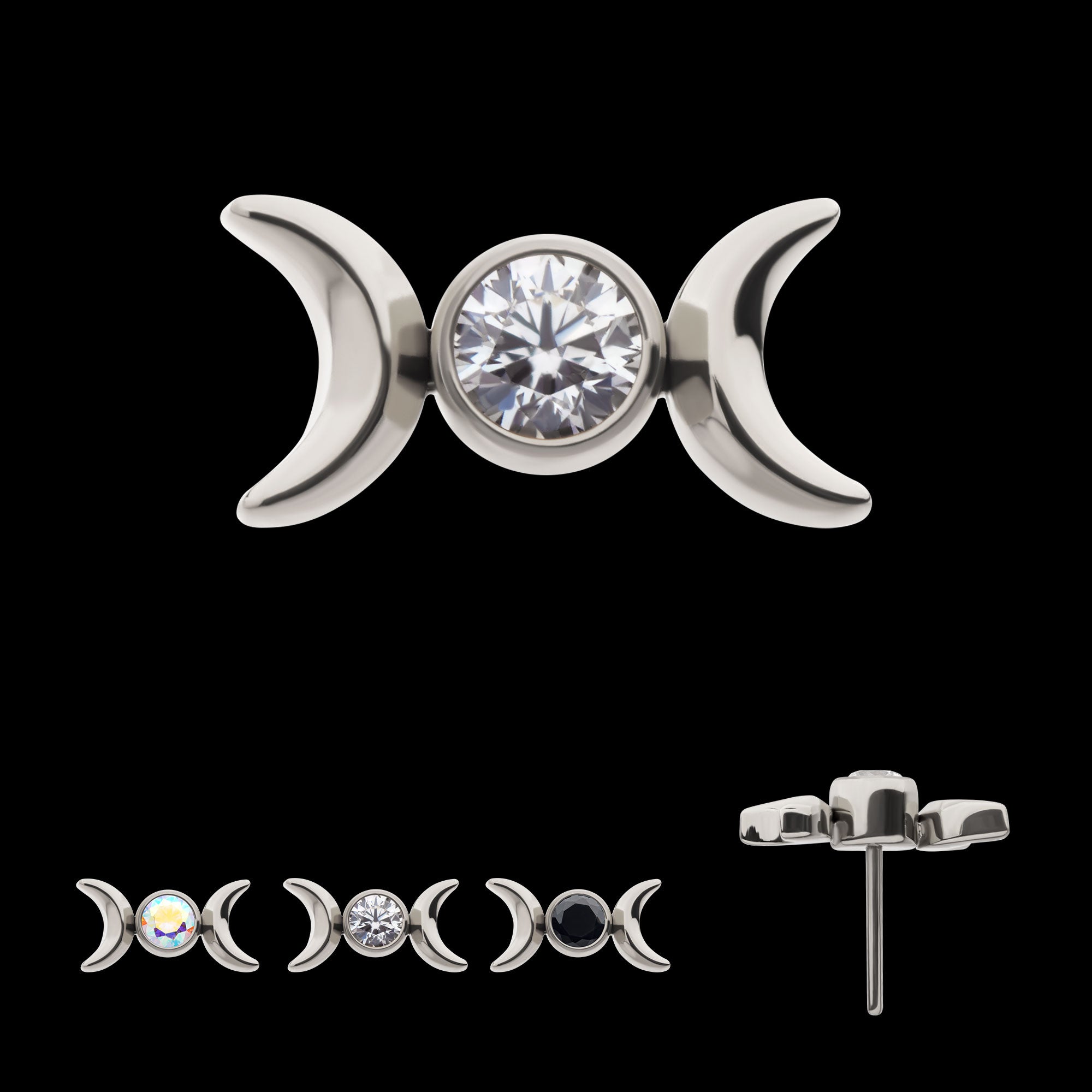Bezel Set Round Gem Triple Moon Phase Flatback Stud Earring / Nosering - Gem in Titanium