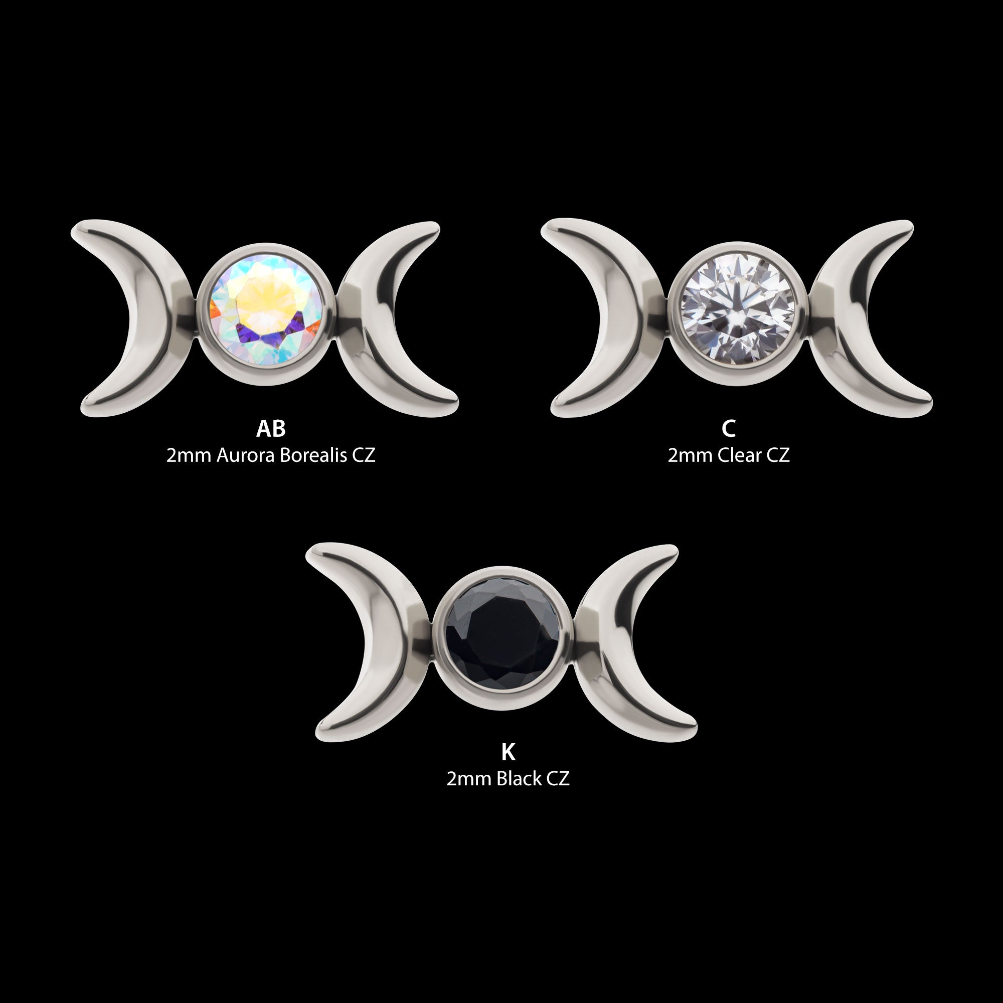 Bezel Set Round Gem Triple Moon Phase Flatback Stud Earring / Nosering - Gem in Titanium