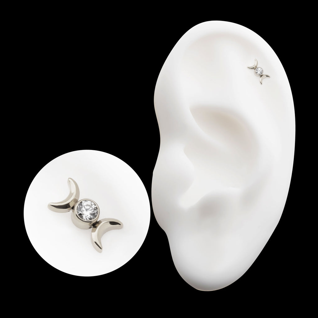 Bezel Set Round Gem Triple Moon Phase Flatback Stud Earring / Nosering - Gem in Titanium