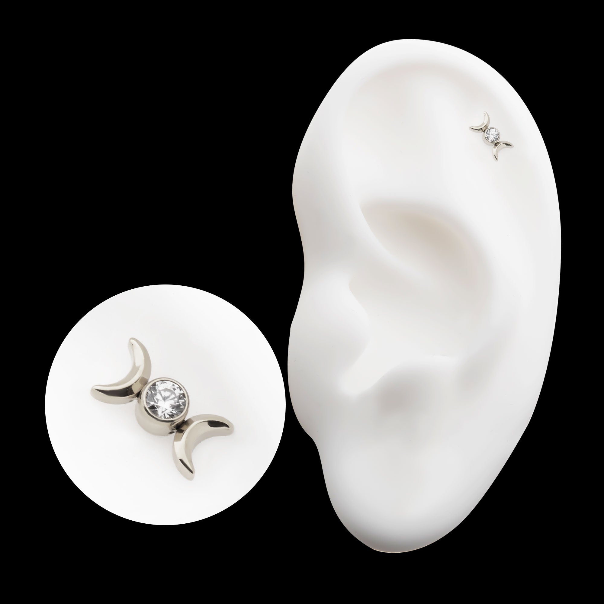 Bezel Set Round Gem Triple Moon Phase Flatback Stud Earring / Nosering - Gem in Titanium