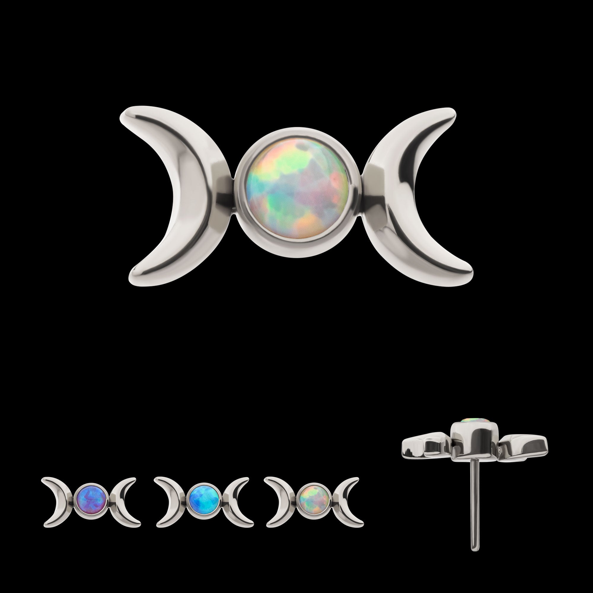 Bezel Set Round Opal Triple Moon Phase Flatback Stud Earring / Nosering - Opal in Titanium