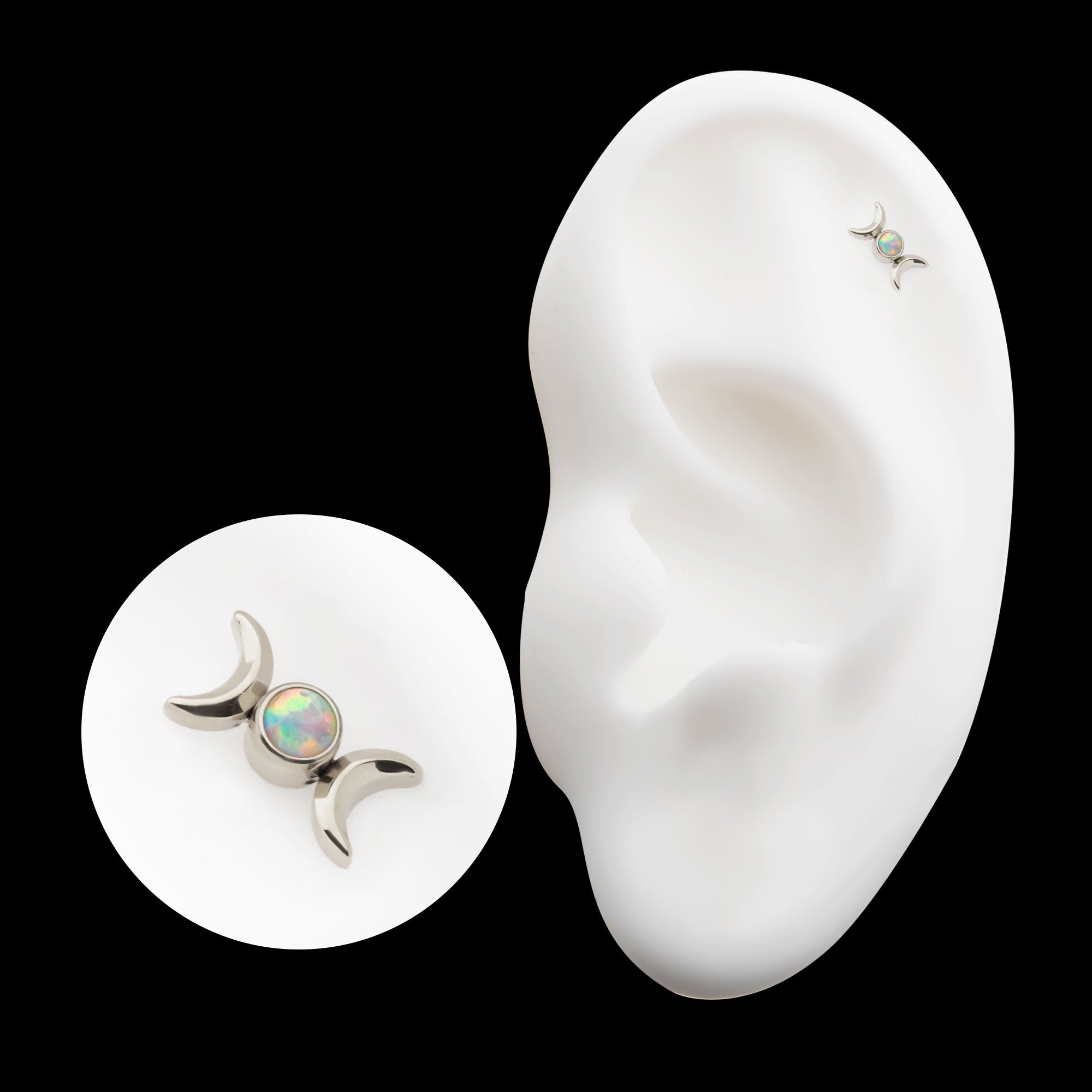 Bezel Set Round Opal Triple Moon Phase Flatback Stud Earring / Nosering - Opal in Titanium