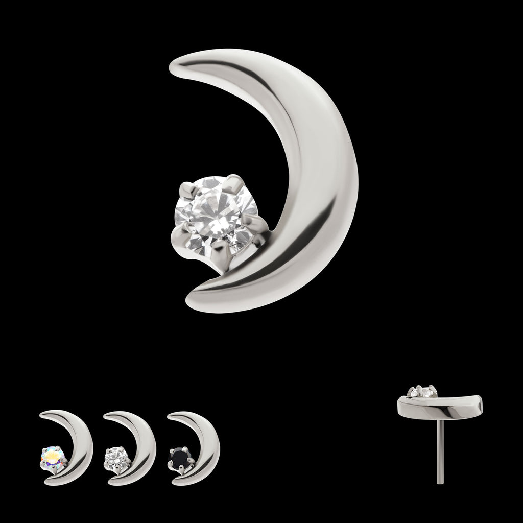 Crescent Moon with Prong Set CZ Flatback Stud Earring / Nosering - CZ in Titanium