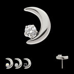 Crescent Moon with Prong Set CZ Flatback Stud Earring / Nosering - CZ in Titanium