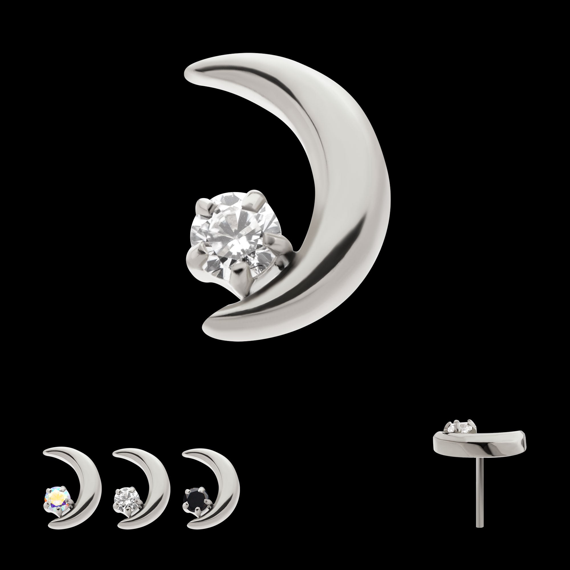 Crescent Moon with Prong Set CZ Flatback Stud Earring / Nosering - CZ in Titanium