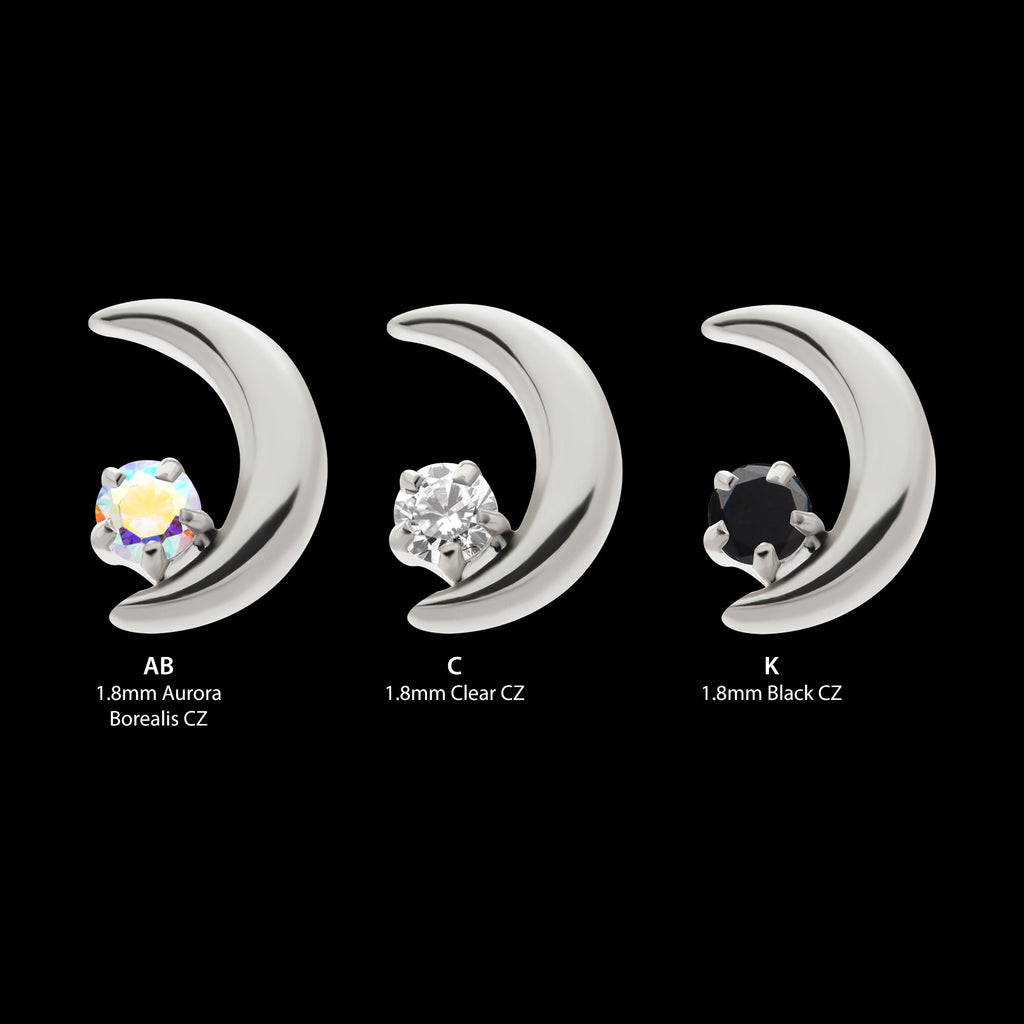 Crescent Moon with Prong Set CZ Flatback Stud Earring / Nosering - CZ in Titanium