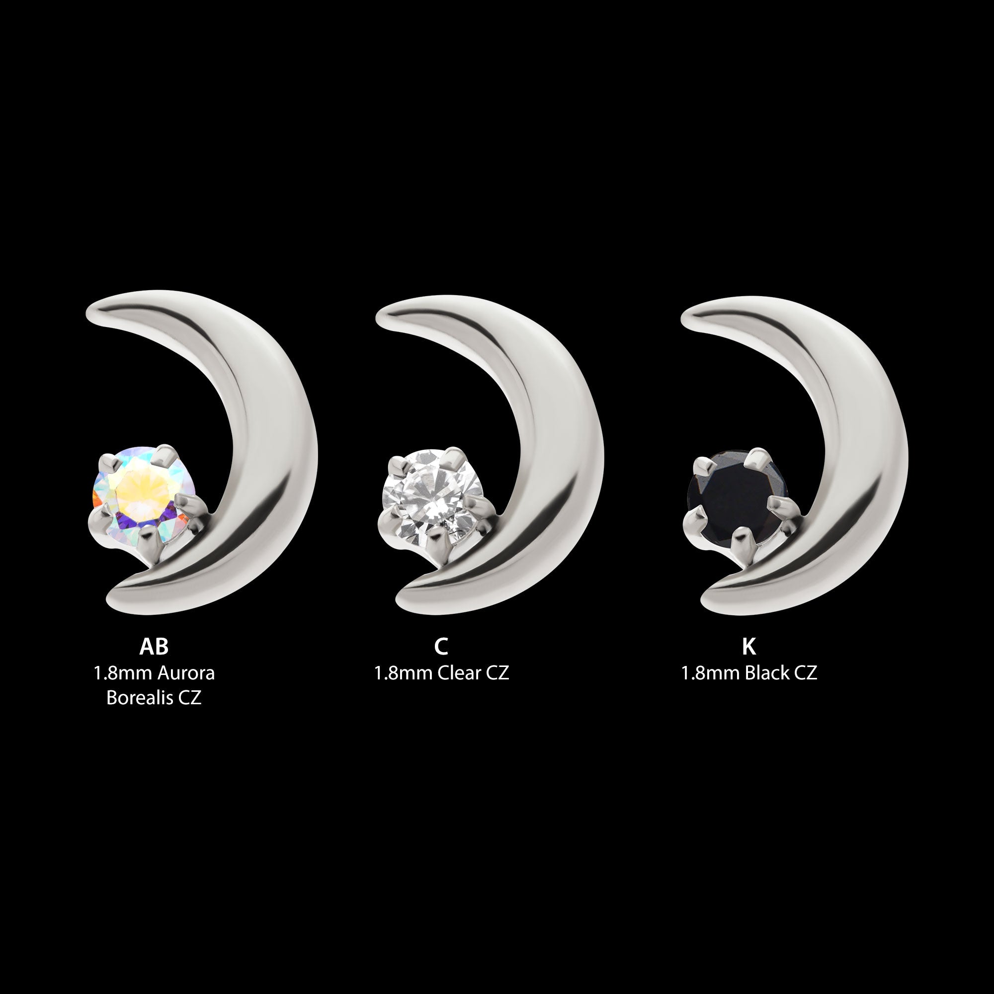 Crescent Moon with Prong Set CZ Flatback Stud Earring / Nosering - CZ in Titanium
