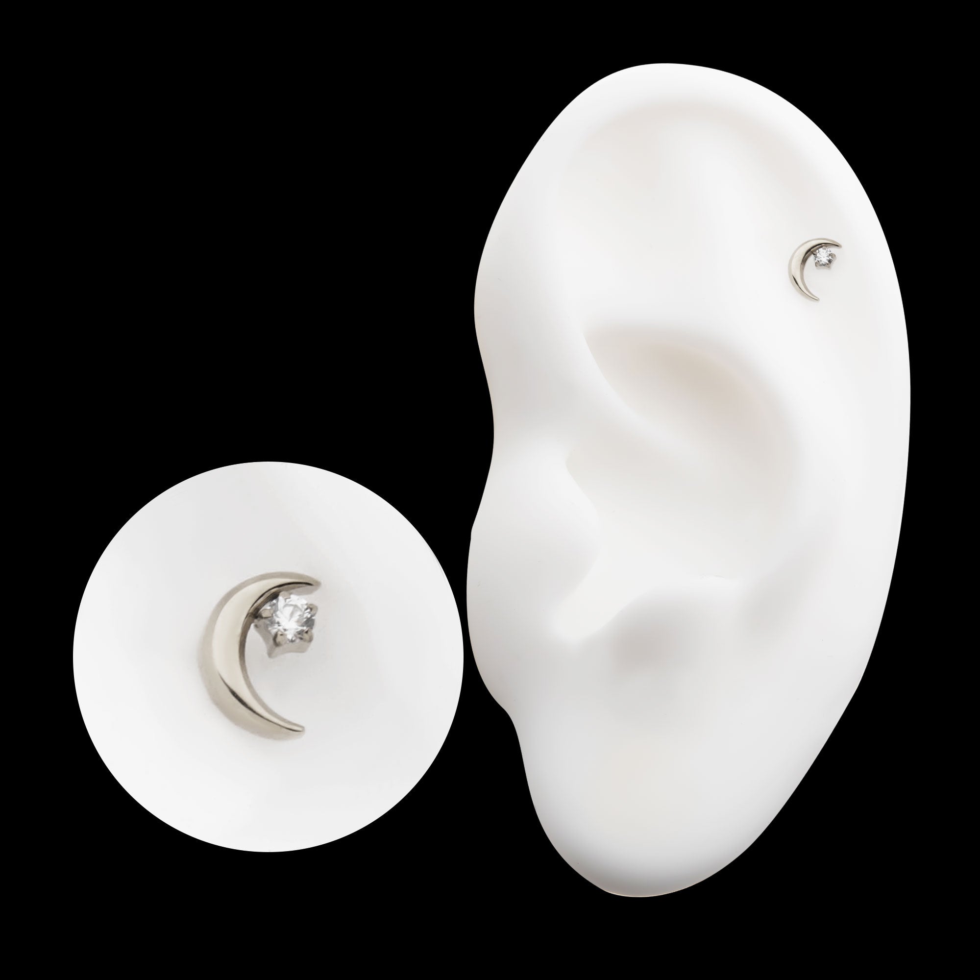 Crescent Moon with Prong Set CZ Flatback Stud Earring / Nosering - CZ in Titanium