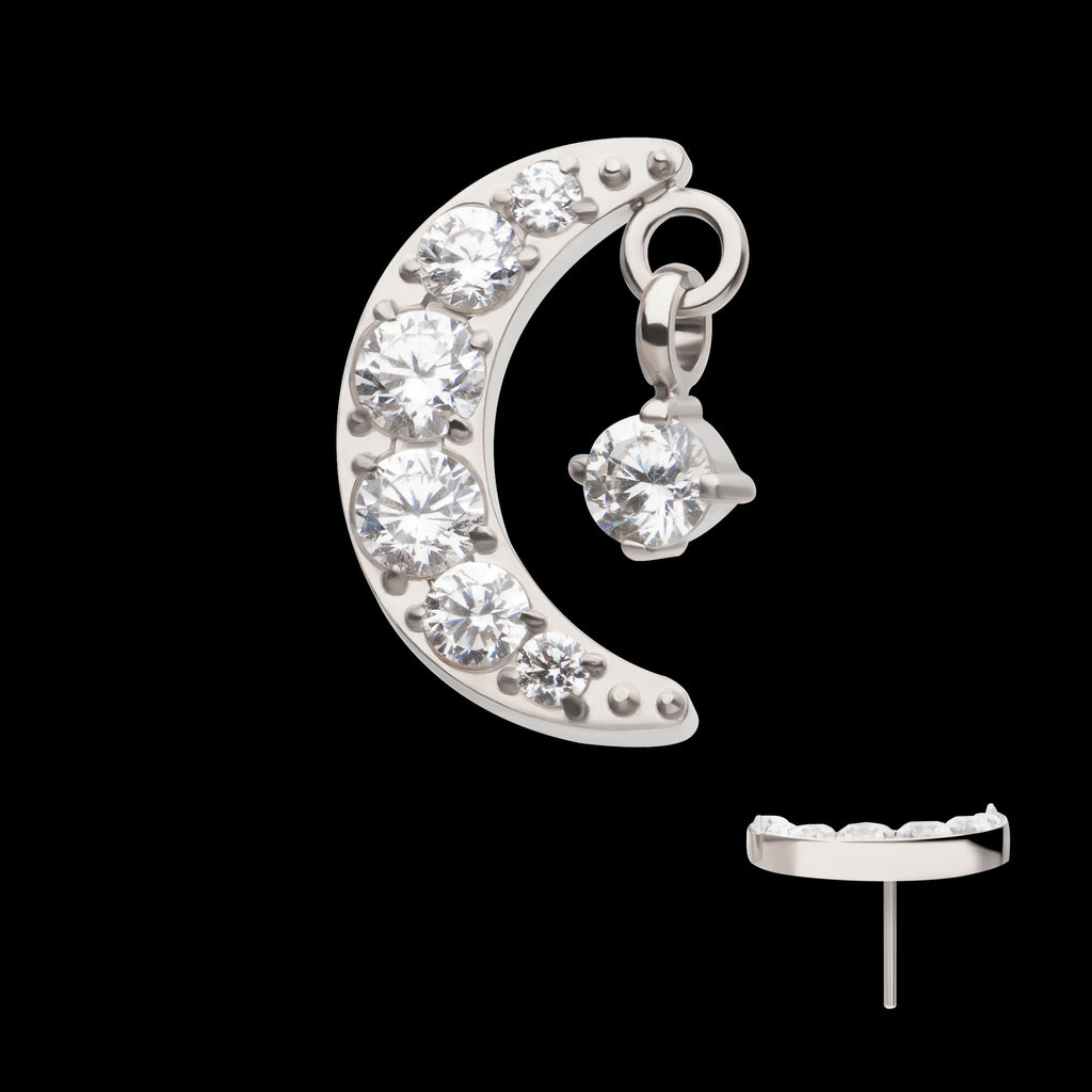 Crescent Moon CZ with Dangle Pronged Round CZ Flatback Stud Earring / Nosering - CZ in Titanium