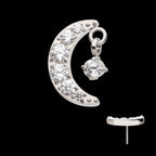 Crescent Moon CZ with Dangle Pronged Round CZ Flatback Stud Earring / Nosering - CZ in Titanium