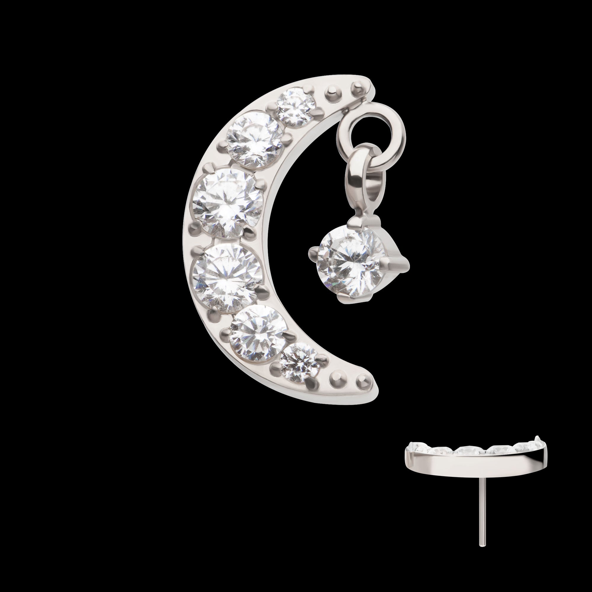 Crescent Moon CZ with Dangle Pronged Round CZ Flatback Stud Earring / Nosering - CZ in Titanium