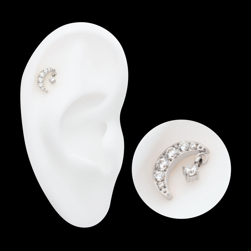 Crescent Moon CZ with Dangle Pronged Round CZ Flatback Stud Earring / Nosering - CZ in Titanium