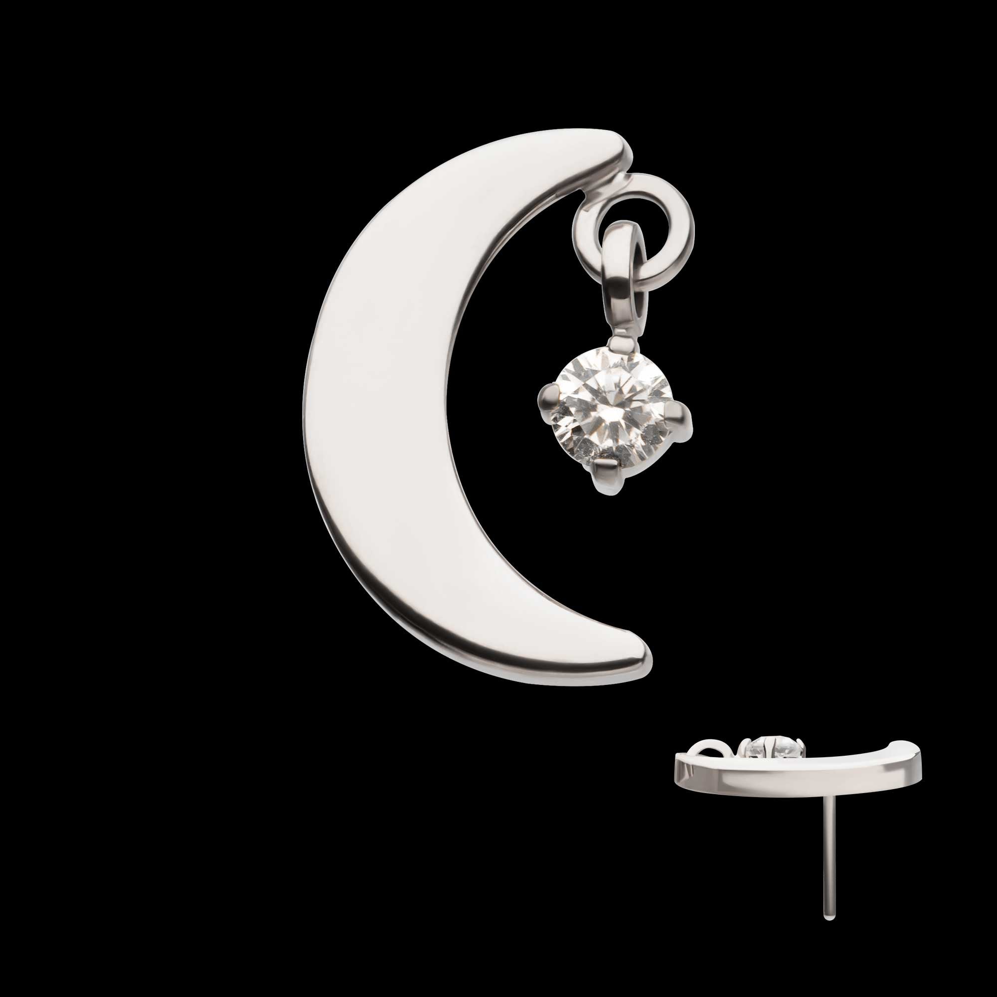 Crescent Moon with Dangle Pronged Round CZ Flatback Stud Earring / Nosering - CZ in Titanium