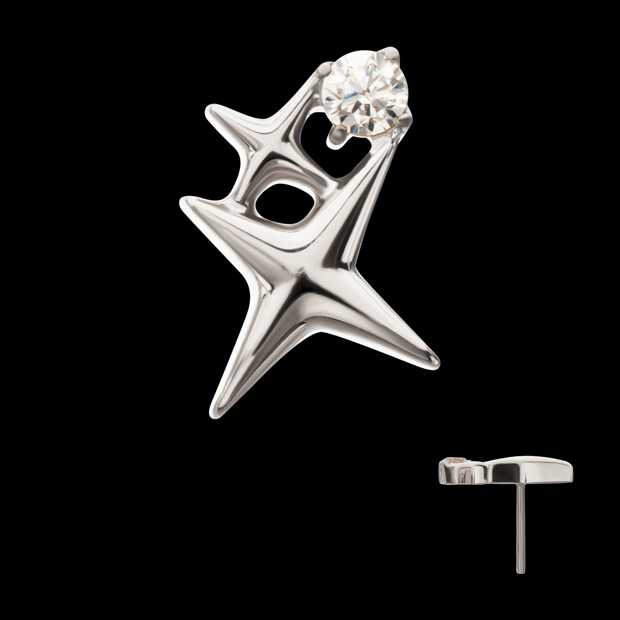 Double Celestial Star Prong-Set Gem Threadless Earring / Nosering – Titanium