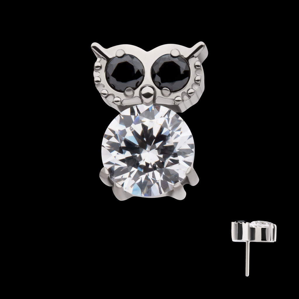 Prong Set Round Black & Clear CZ Owl Flatback Stud Earring / Nosering - Clear CZ in Titanium