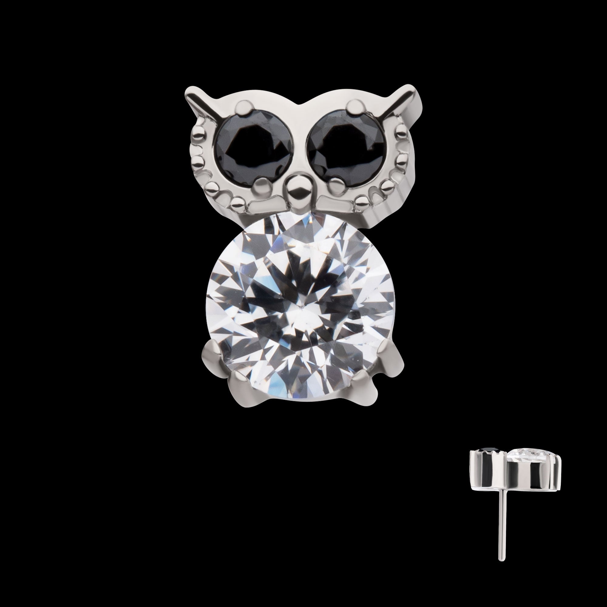 Prong Set Round Black & Clear CZ Owl Flatback Stud Earring / Nosering - Clear CZ in Titanium