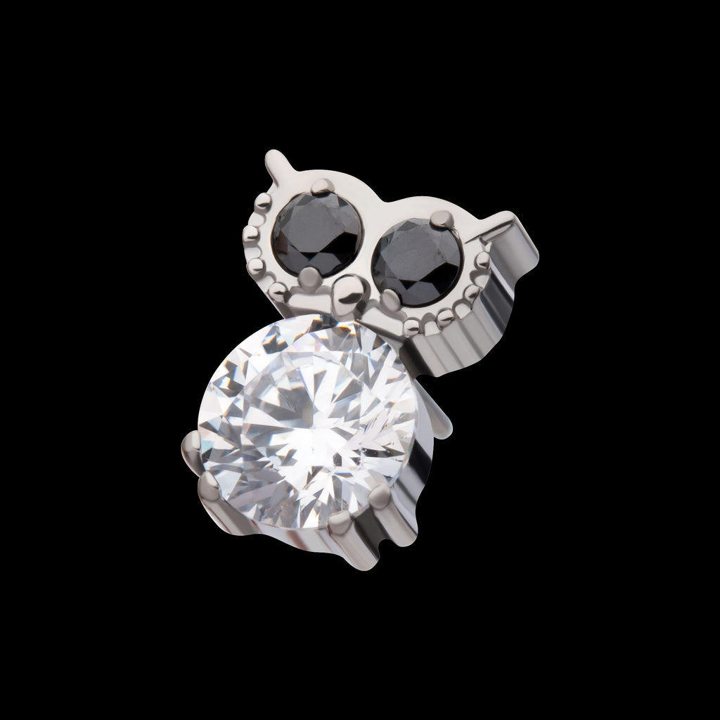Prong Set Round Black & Clear CZ Owl Flatback Stud Earring / Nosering - Clear CZ in Titanium