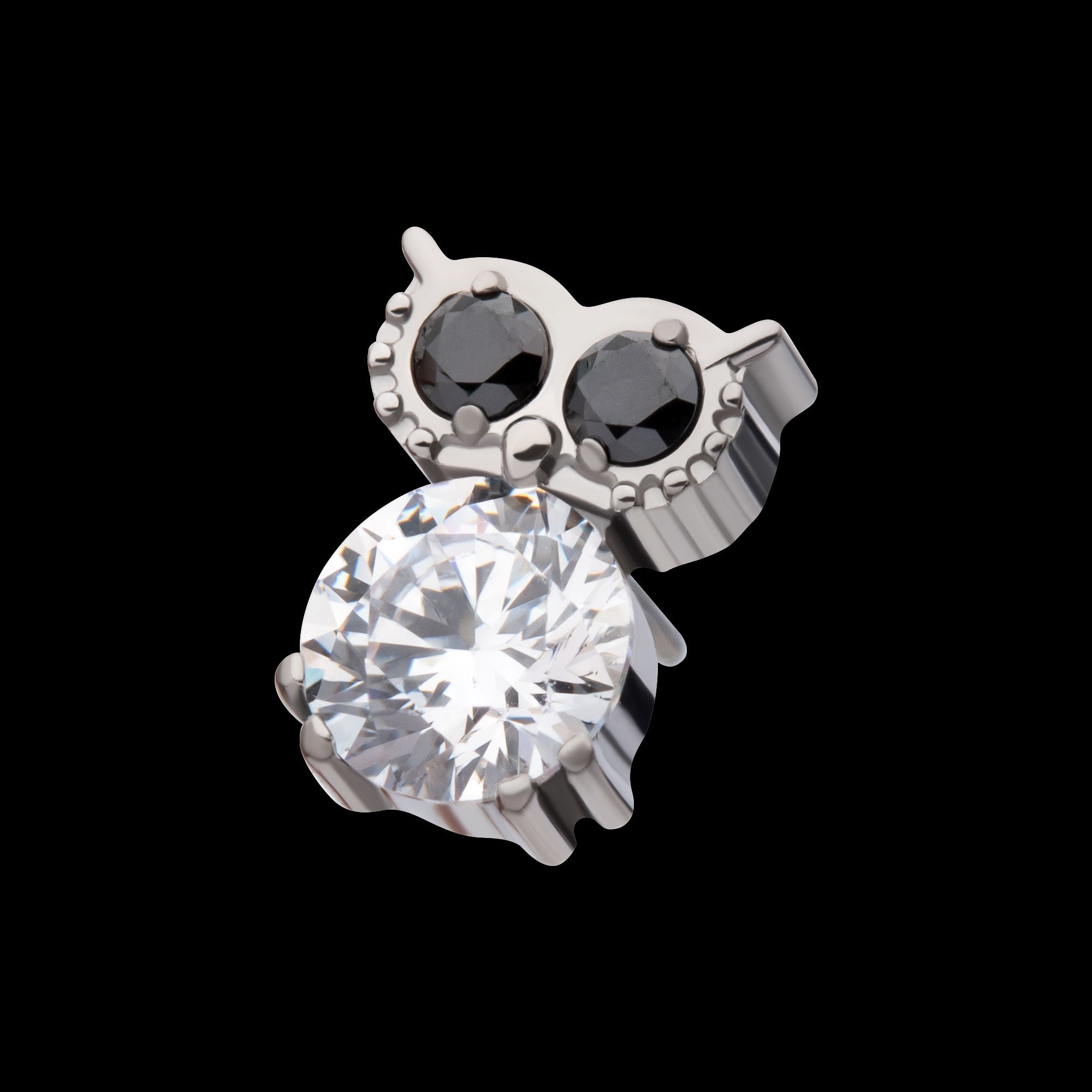 Prong Set Round Black & Clear CZ Owl Flatback Stud Earring / Nosering - Clear CZ in Titanium
