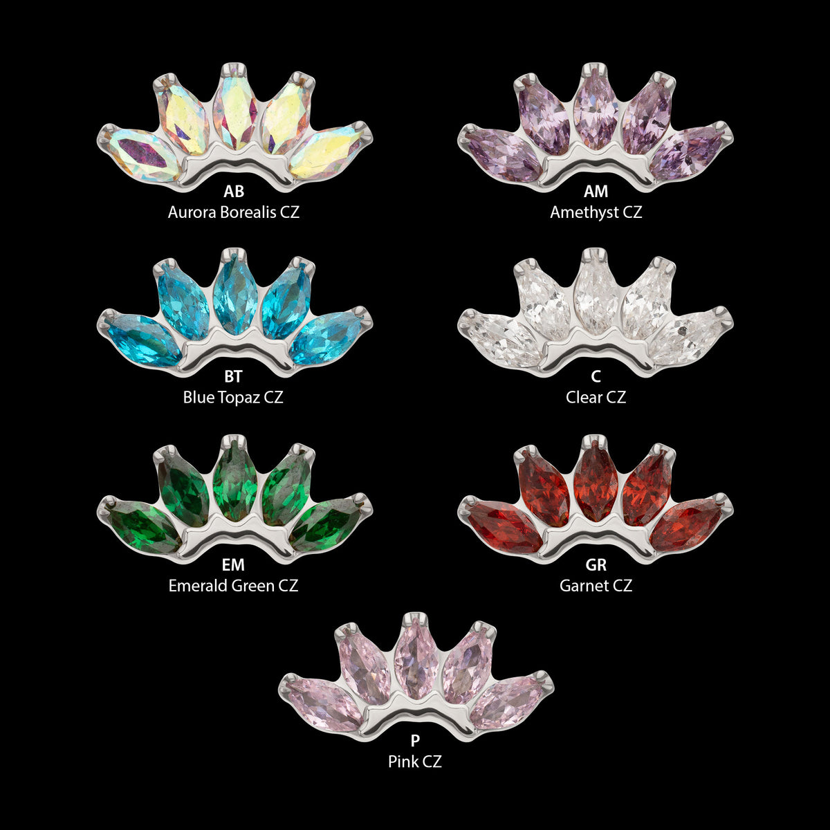5-Marquise Gem Fan Cluster Threadless Earring / Nosering Top – Gem & Titanium