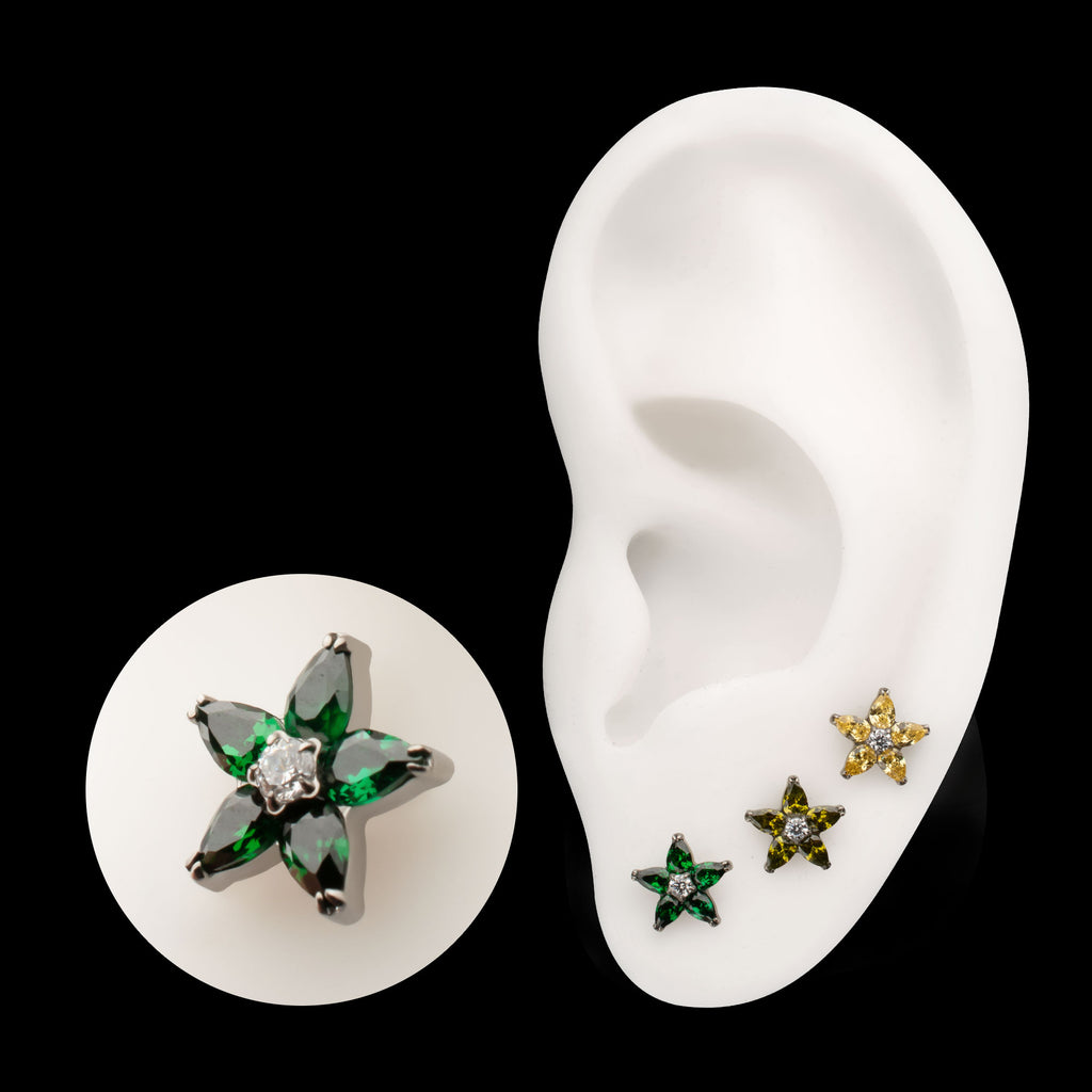 V-Prong Marquise Gem 5-Petal Flower Threadless Top Earring / Nosering – Titanium