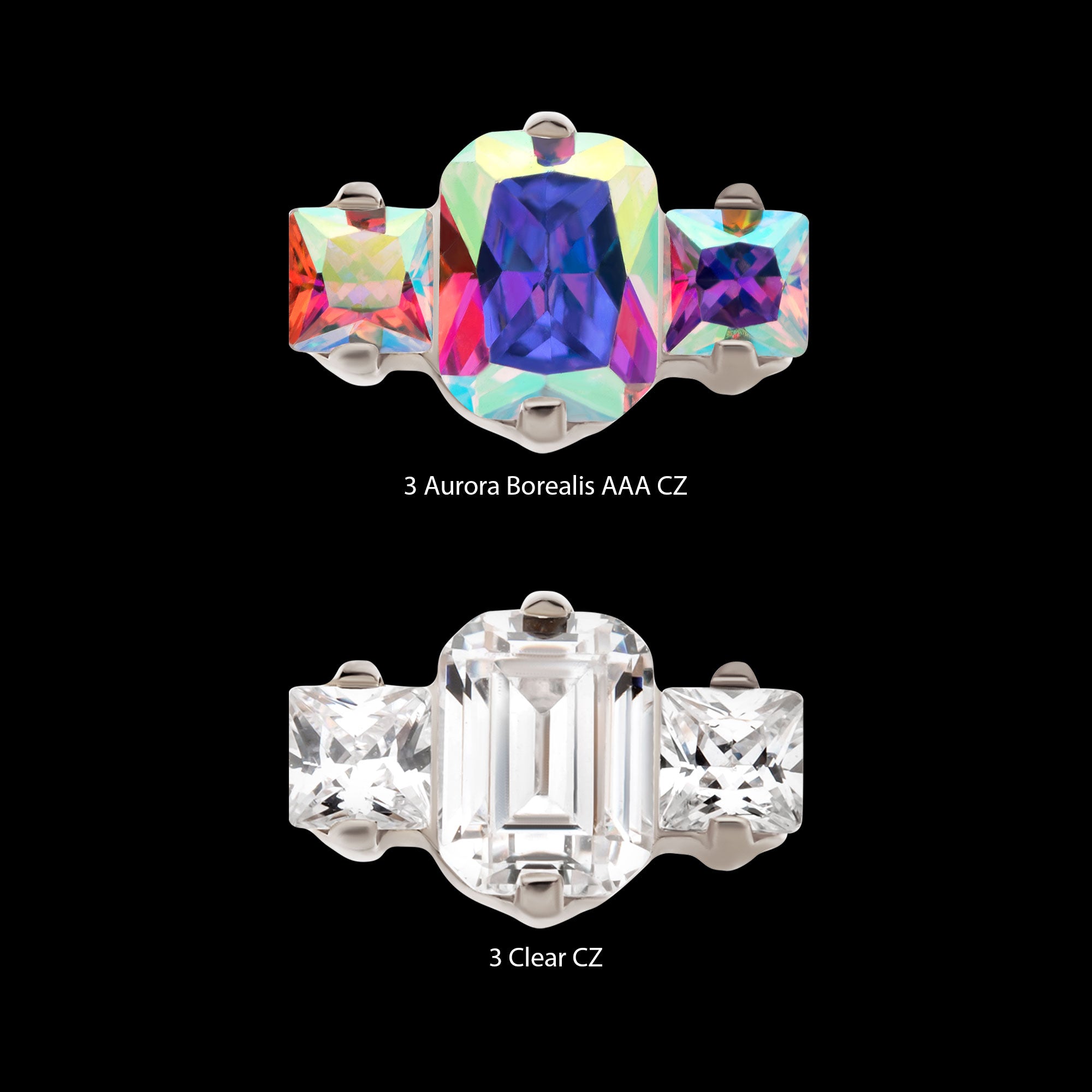 Prong Set Emerald Cut & Princess Gem 3-Cluster Flatback Stud Earring / Nosering - Gem in Titanium