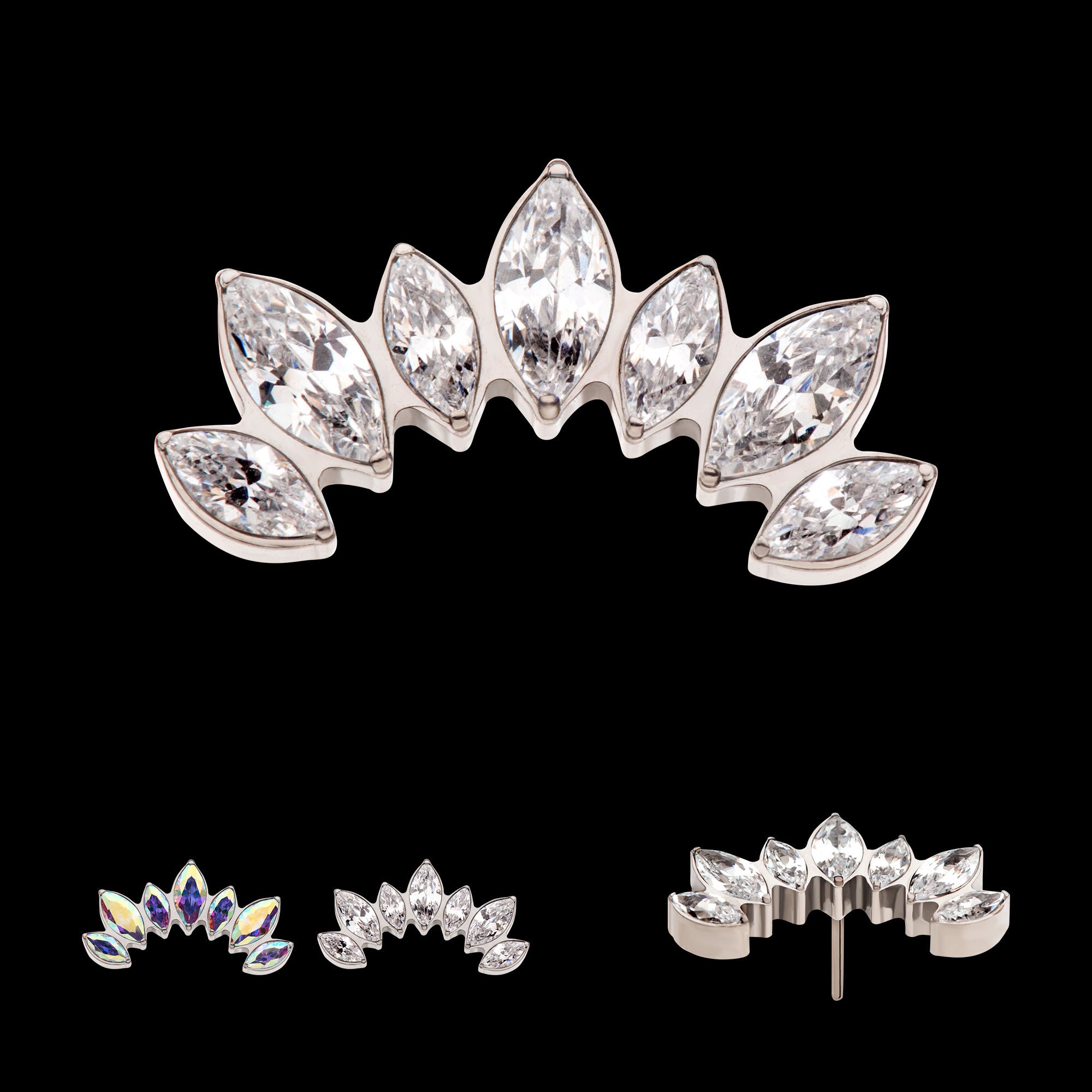 Prong Set Marquise Clear CZ 7-Cluster Fan Shape Flatback Stud Earring / Nosering - Clear CZ in Titanium