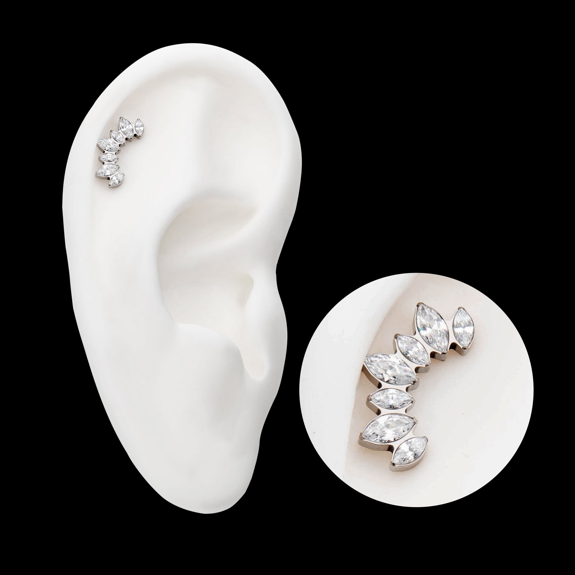 Prong Set Marquise Clear CZ 7-Cluster Fan Shape Flatback Stud Earring / Nosering - Clear CZ in Titanium