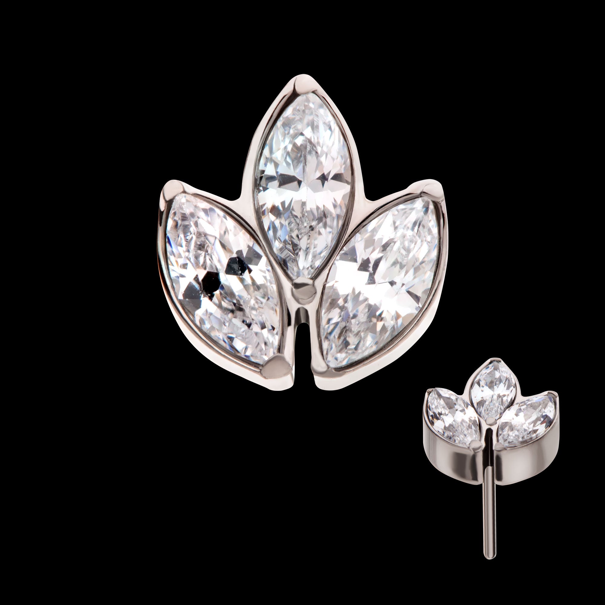 Prong Set Marquise Clear CZ 3-Cluster Flatback Stud Earring / Nosering - Clear CZ in Titanium