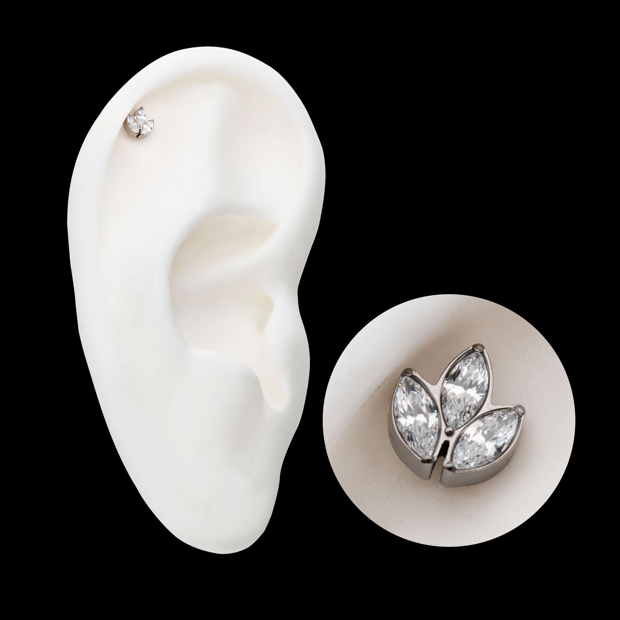 Prong Set Marquise Clear CZ 3-Cluster Flatback Stud Earring / Nosering - Clear CZ in Titanium