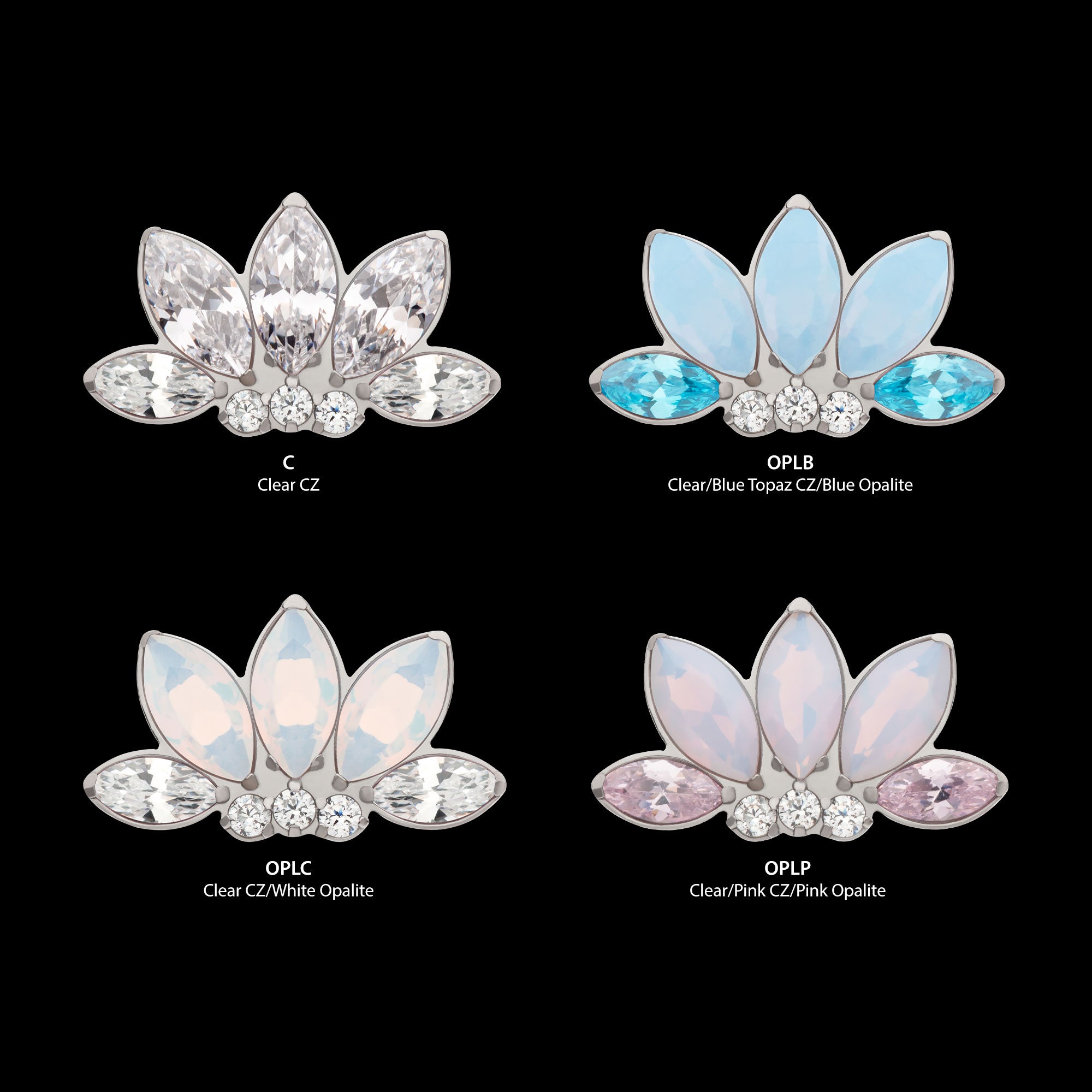 5-Cluster Marquise Opalite/CZ with Round Clear CZ Fan Shape Flatback Stud Earring / Nosering - Clear CZ & Opal in Titanium