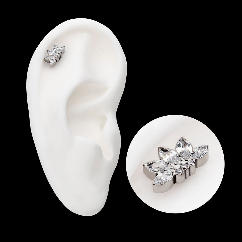 5-Cluster Marquise Opalite/CZ with Round Clear CZ Fan Shape Flatback Stud Earring / Nosering - Clear CZ & Opal in Titanium