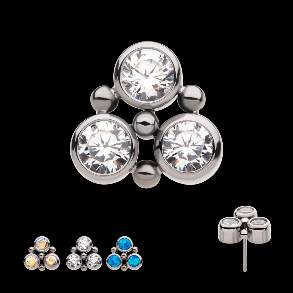 4-Bead Bezel Round CZ/Opal 3-Cluster Flatback Stud Earring / Nosering - Opal & CZ & Opal & CZ in Titanium