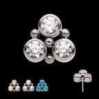4-Bead Bezel Round CZ/Opal 3-Cluster Flatback Stud Earring / Nosering - Opal & CZ & Opal & CZ in Titanium