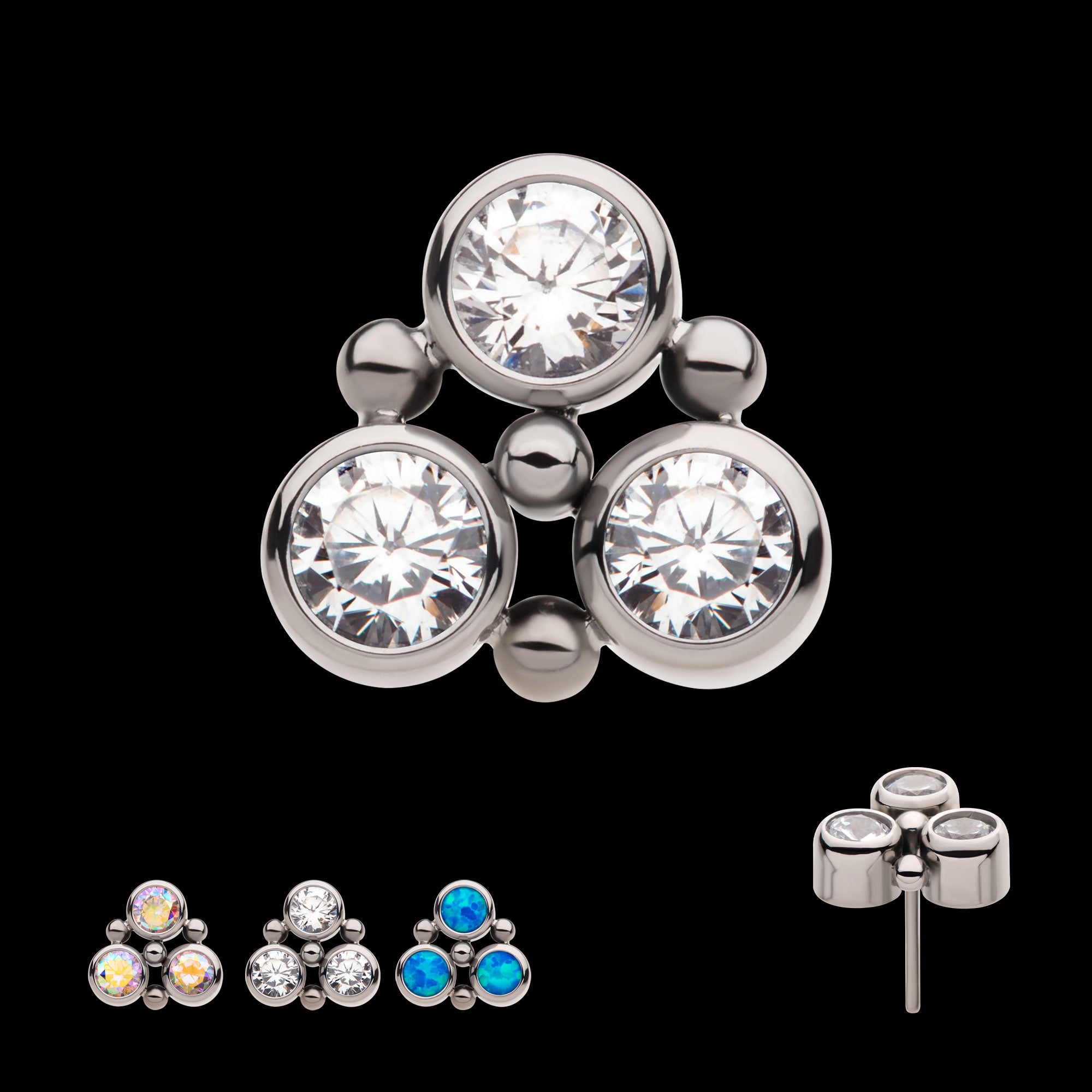 4-Bead Bezel Round CZ/Opal 3-Cluster Flatback Stud Earring / Nosering - Opal & CZ & Opal & CZ in Titanium