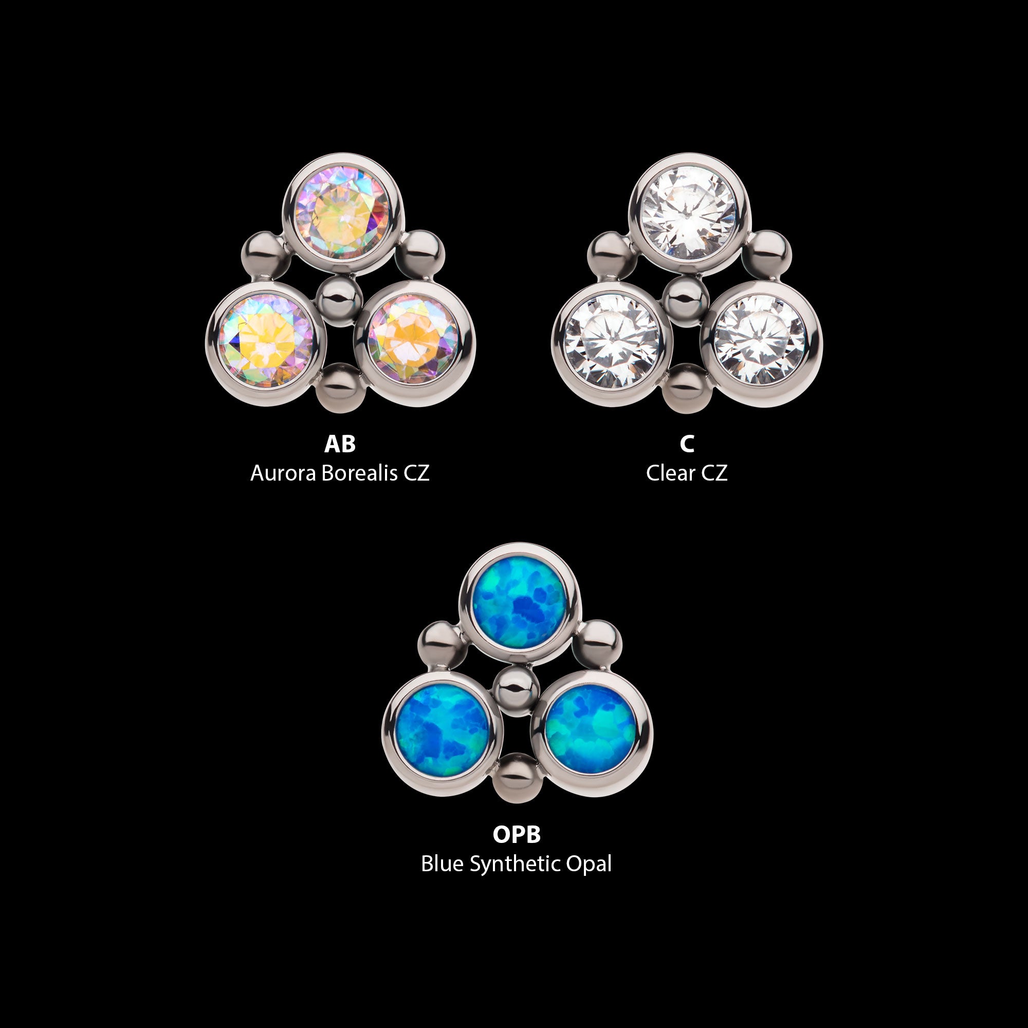 4-Bead Bezel Round CZ/Opal 3-Cluster Flatback Stud Earring / Nosering - Opal & CZ & Opal & CZ in Titanium