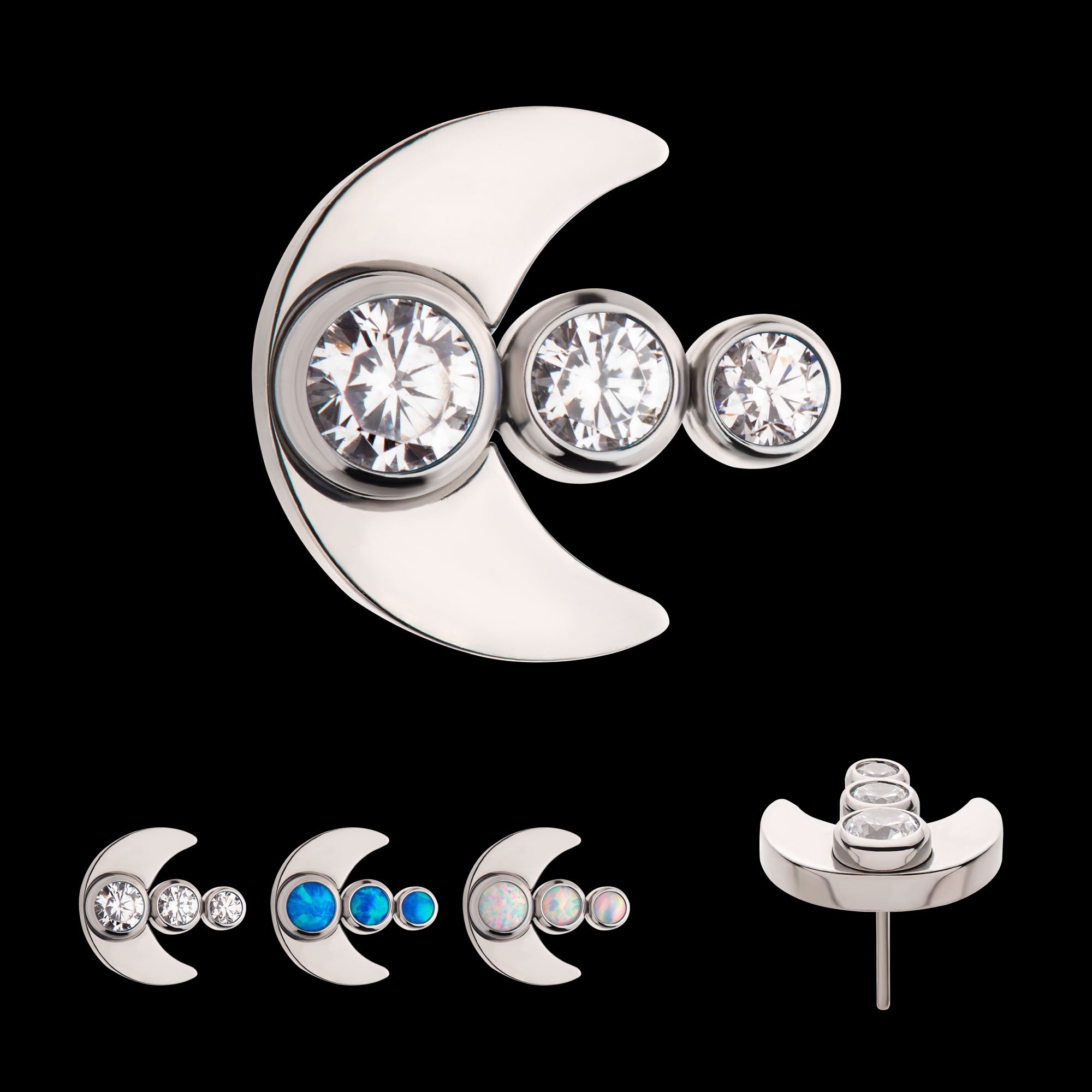 3-Cluster Bezel Set Gem/Opal Crescent Moon Flatback Stud Earring / Nosering - Opal in Titanium