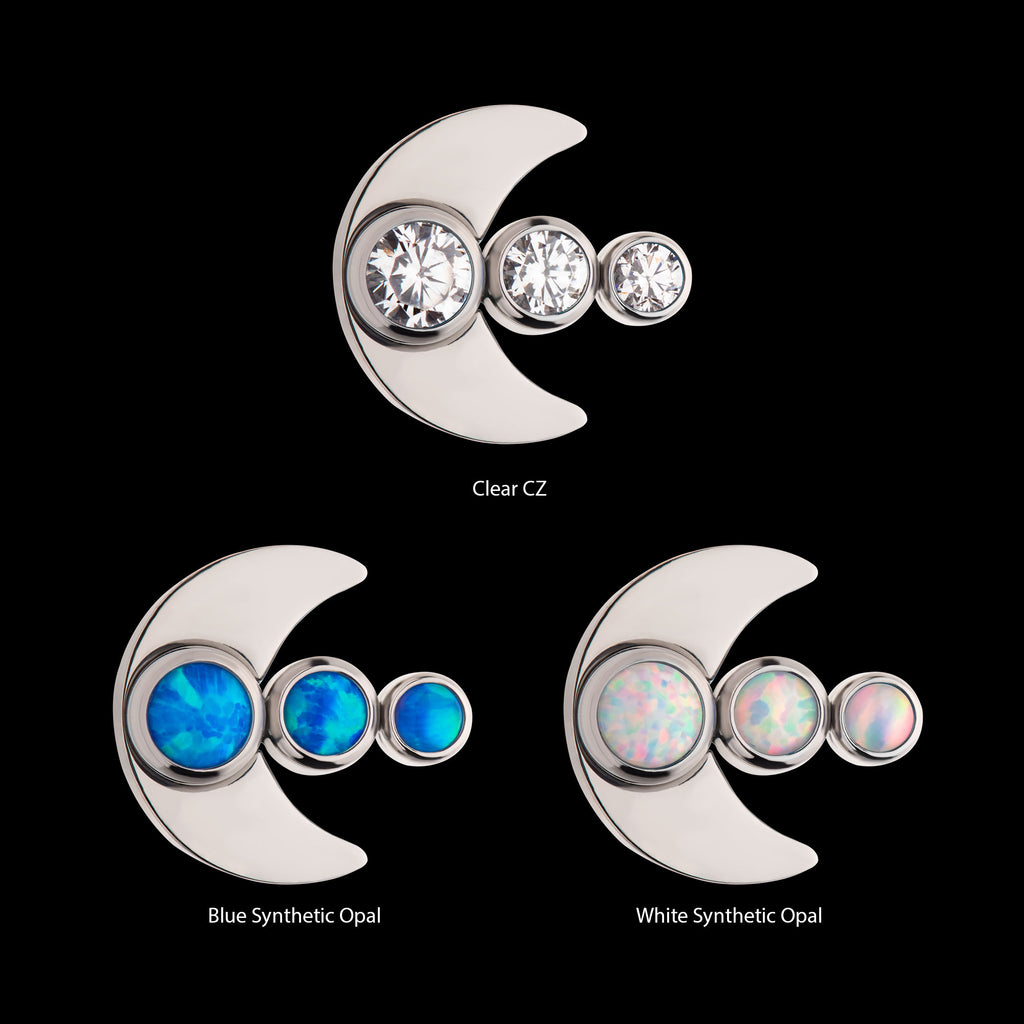 3-Cluster Bezel Set Gem/Opal Crescent Moon Flatback Stud Earring / Nosering - Opal in Titanium
