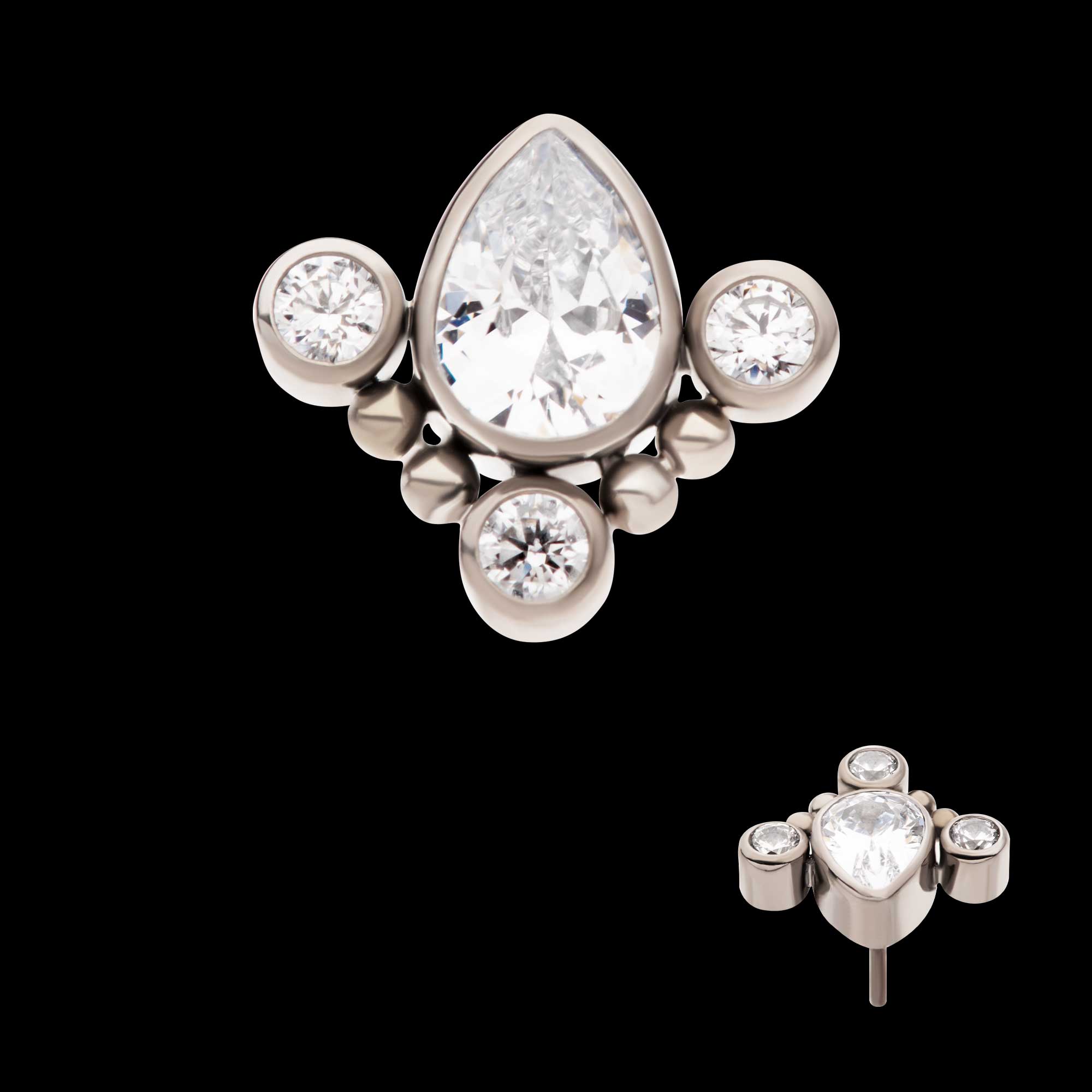 Beaded Bezel Set Teardrop & Round Gem Cluster Flatback Stud Earring / Nosering - Gem in Titanium
