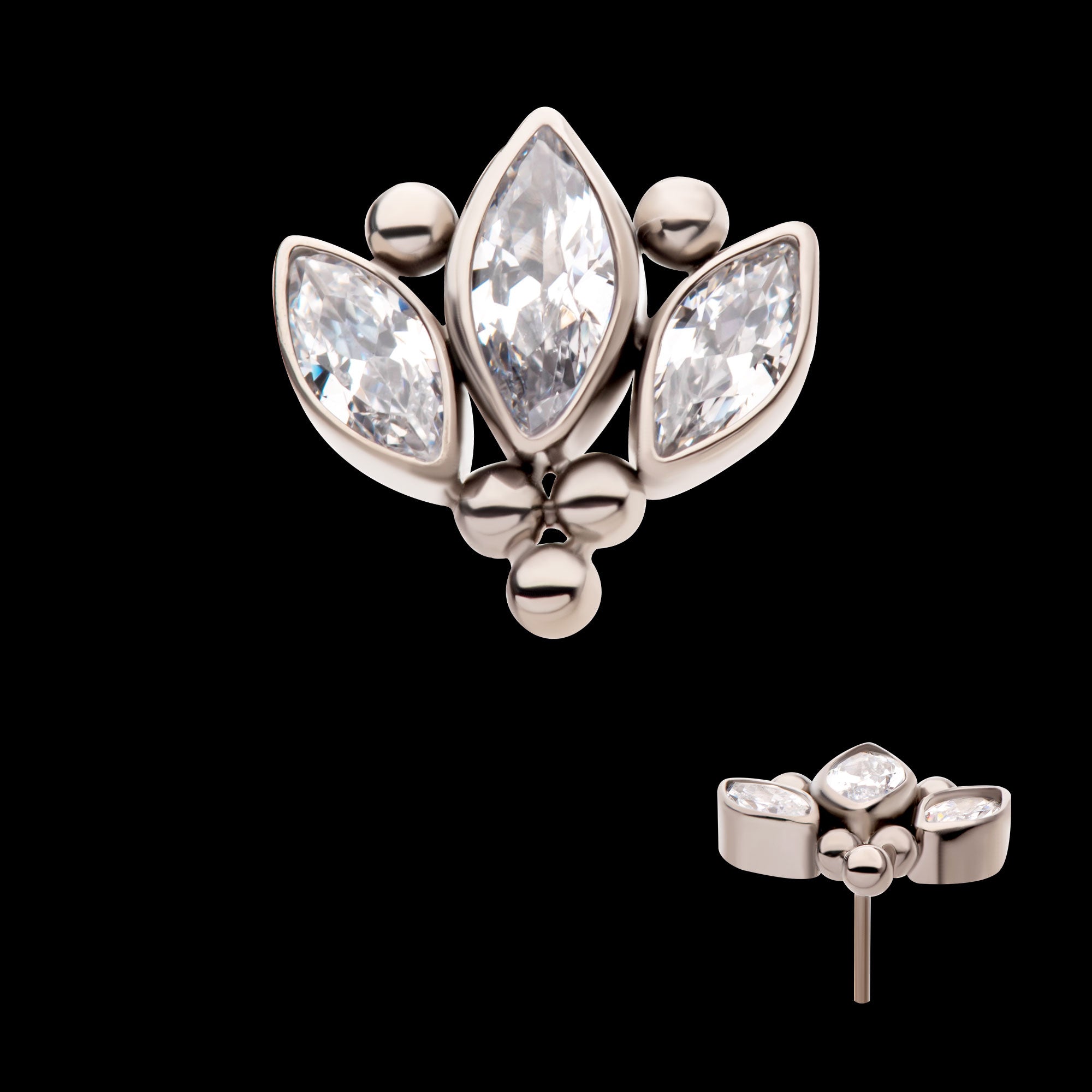 Beaded Bezel Set Marquise Gem 3-Cluster Flatback Stud Earring / Nosering - Gem in Titanium