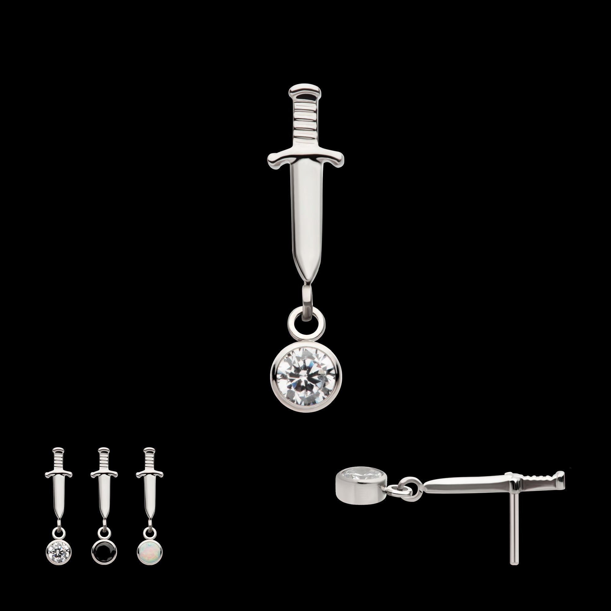 Dangle Bezel Round Gem Dagger Flatback Stud Earring / Nosering - Gem in Titanium
