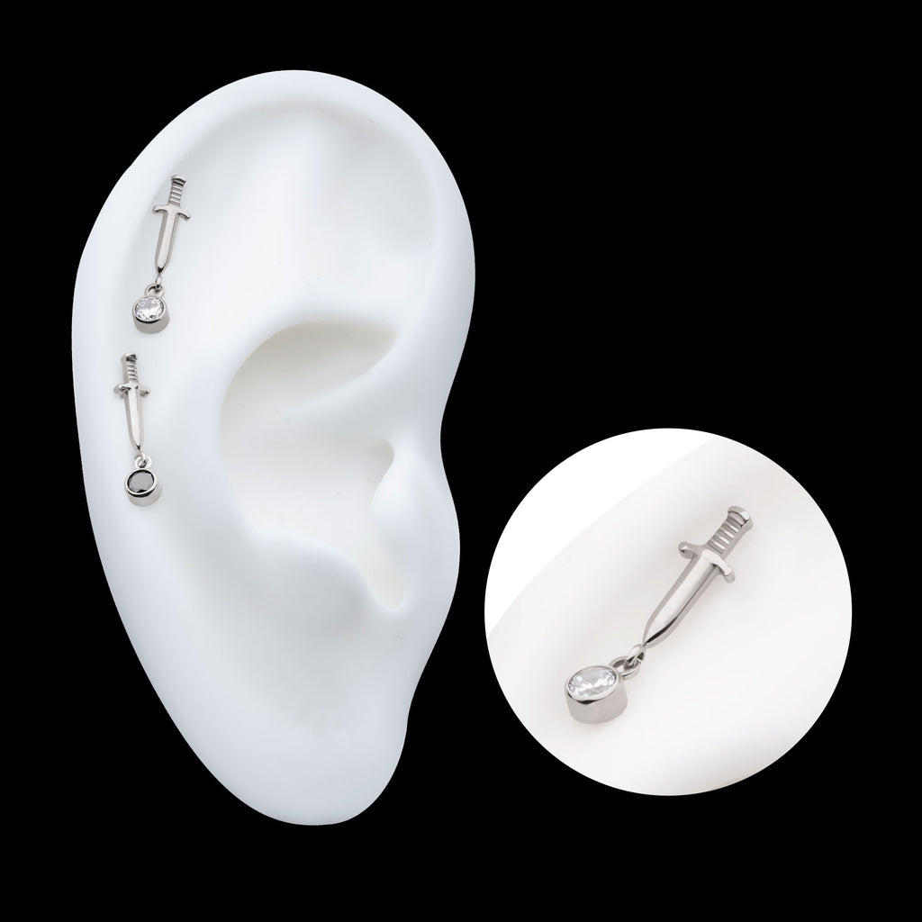 Dangle Bezel Round Gem Dagger Flatback Stud Earring / Nosering - Gem in Titanium