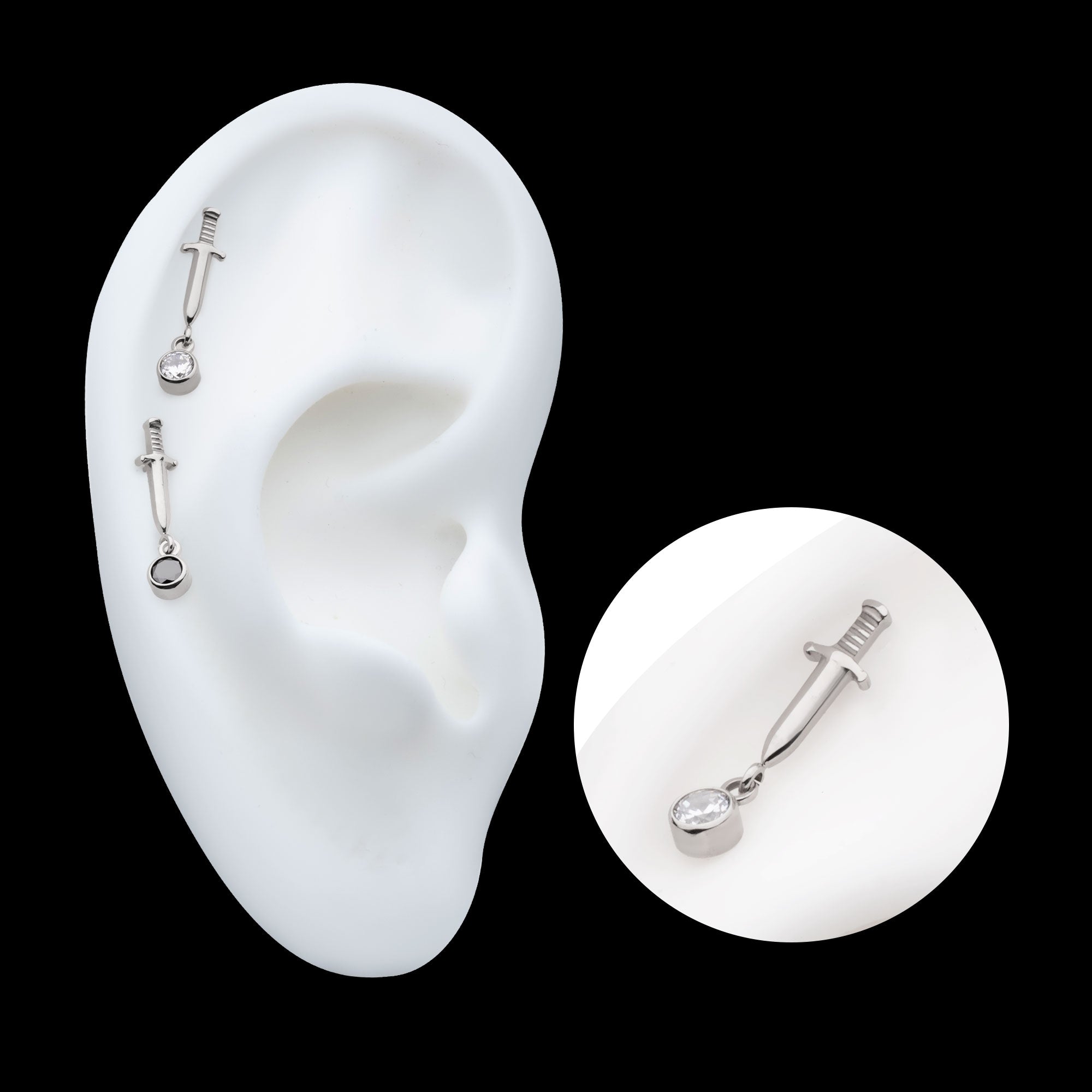 Dangle Bezel Round Gem Dagger Flatback Stud Earring / Nosering - Gem in Titanium