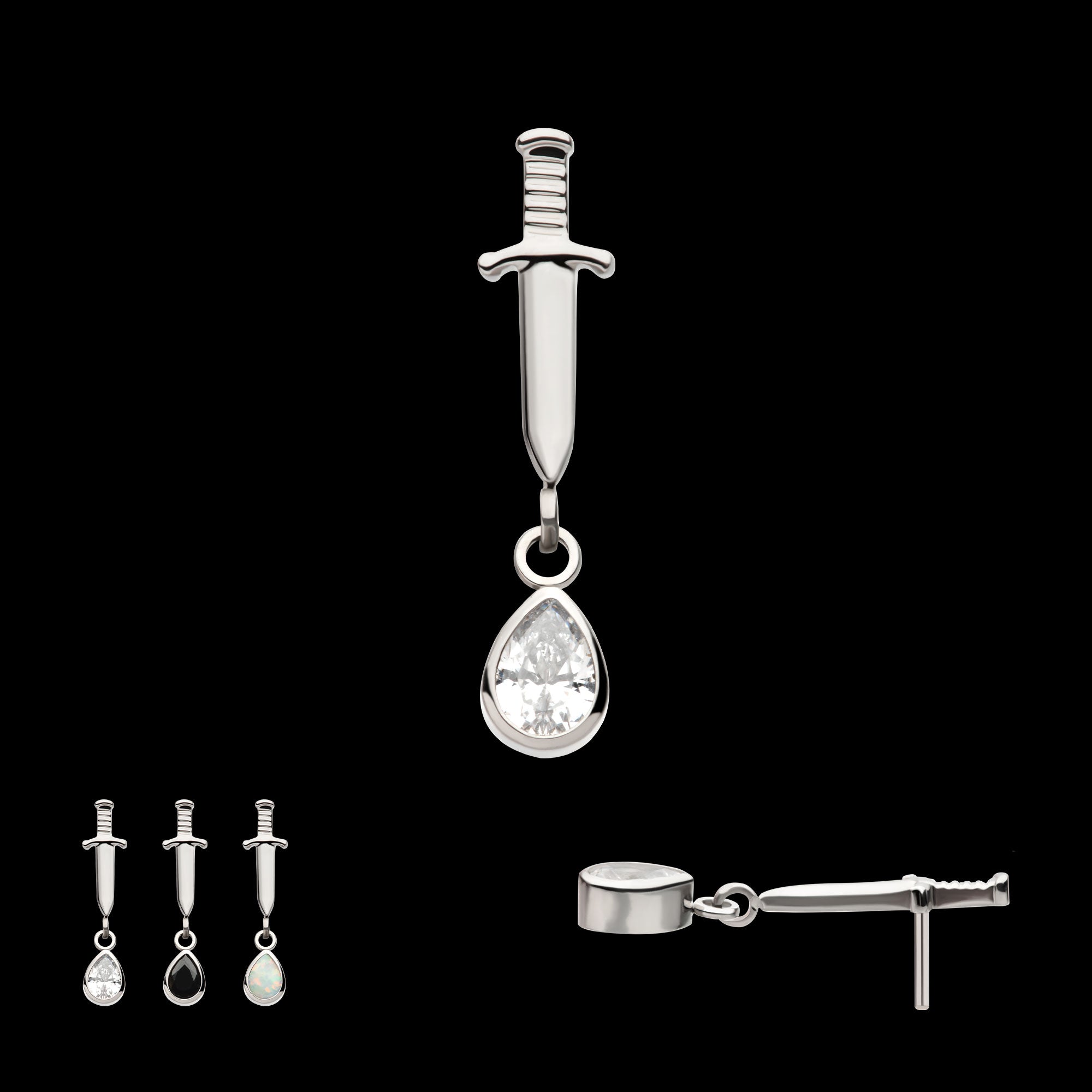 Dangle Bezel Teardrop Gem Dagger Flatback Stud Earring / Nosering - Gem in Titanium