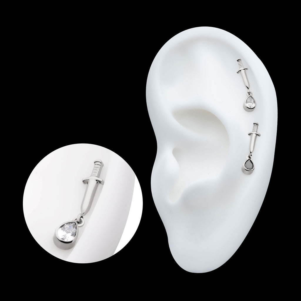 Dangle Bezel Teardrop Gem Dagger Flatback Stud Earring / Nosering - Gem in Titanium