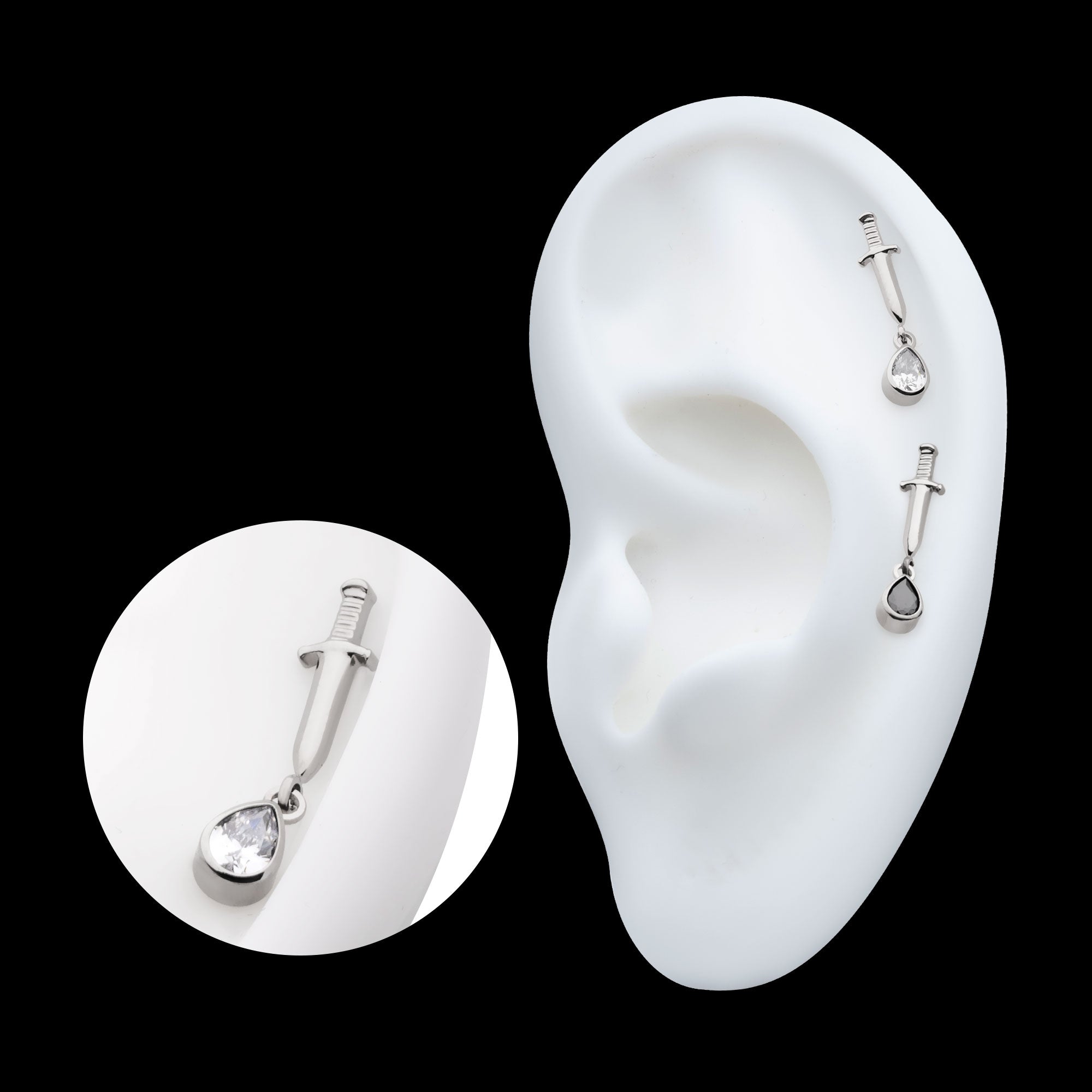 Dangle Bezel Teardrop Gem Dagger Flatback Stud Earring / Nosering - Gem in Titanium