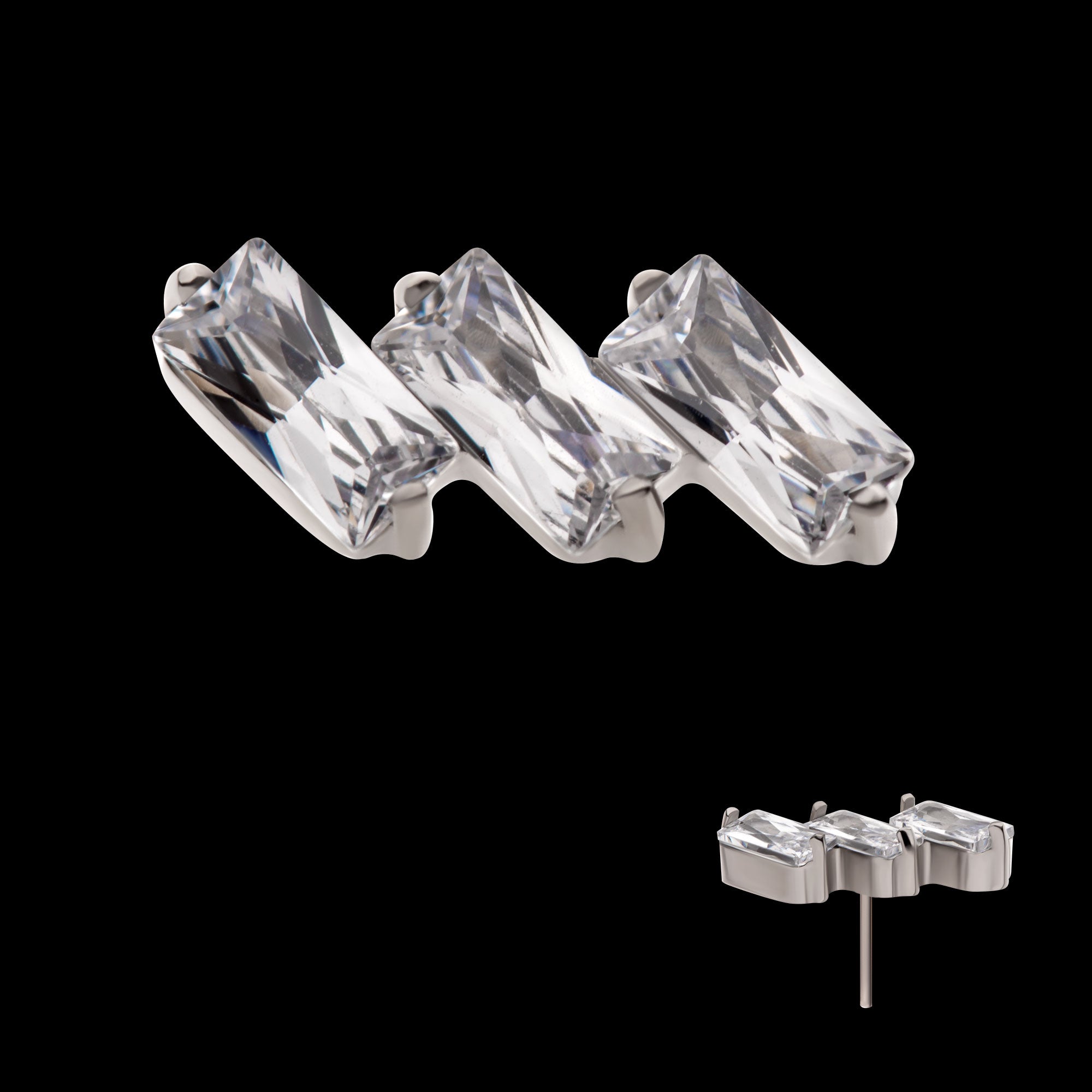 Prong Set Baguette CZ Diagonal 3-Cluster Flatback Stud Earring / Nosering - CZ in Titanium