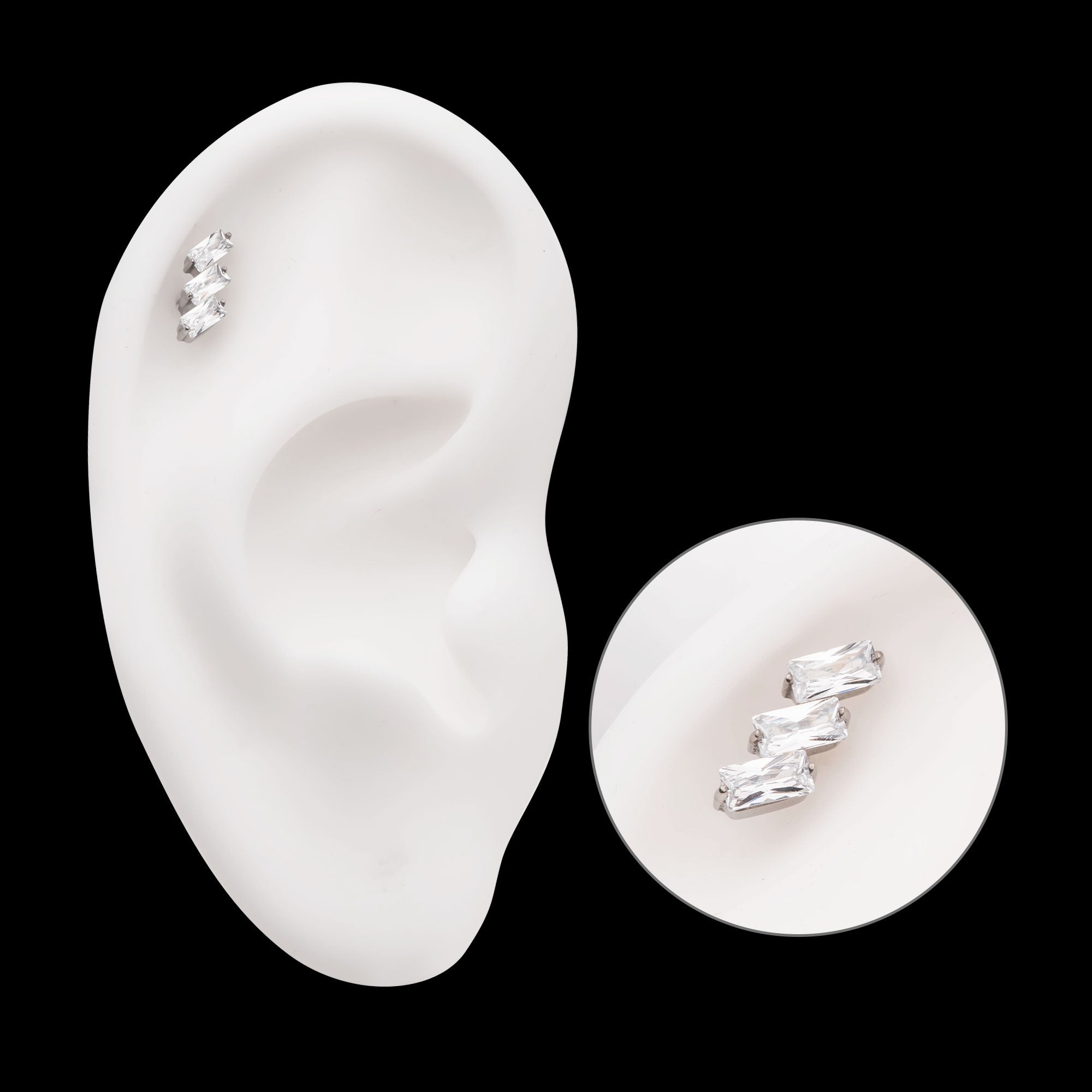 Prong Set Baguette CZ Diagonal 3-Cluster Flatback Stud Earring / Nosering - CZ in Titanium
