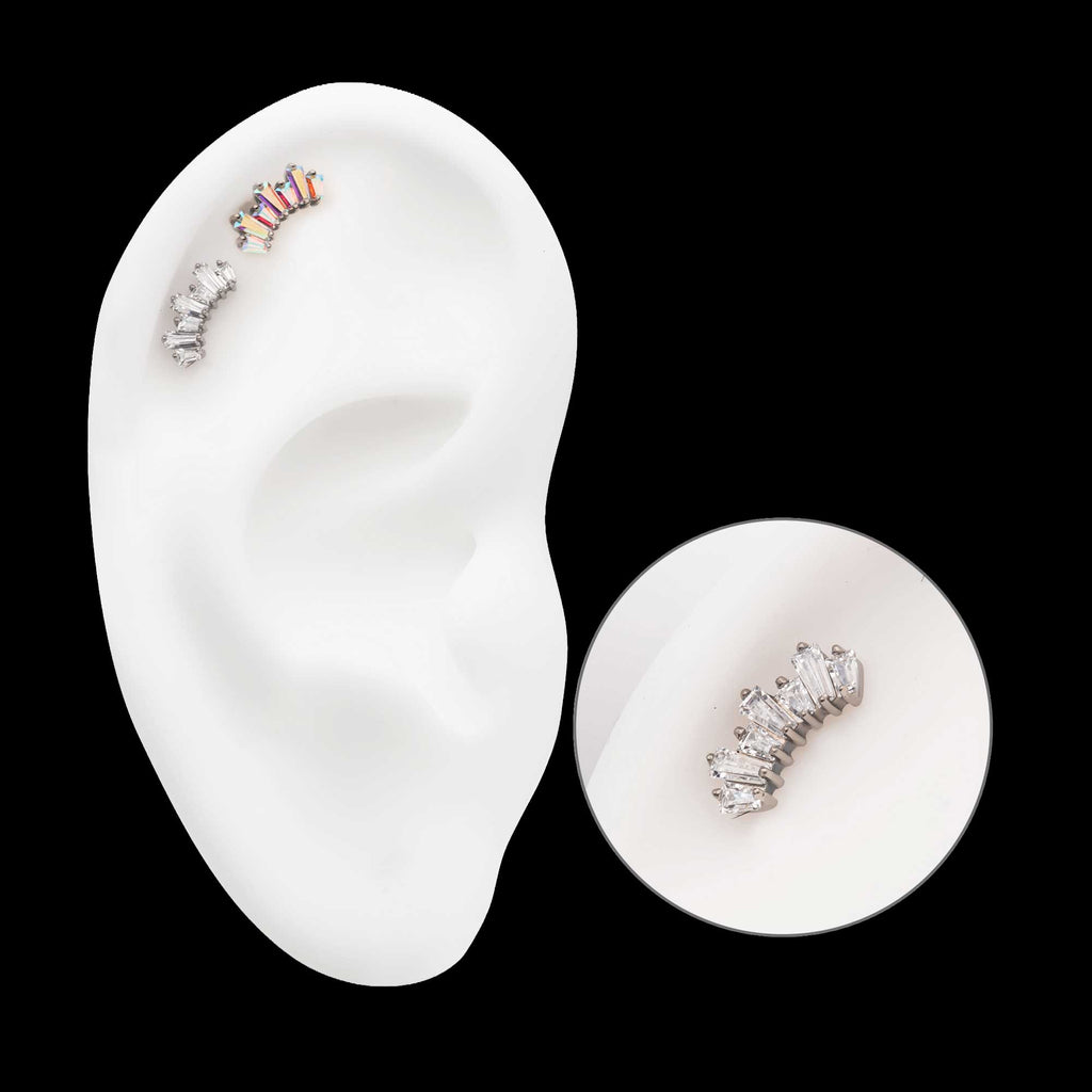 Prong Set Baguette CZ 7-Cluster Fan Shape Flatback Stud Earring / Nosering - CZ in Titanium