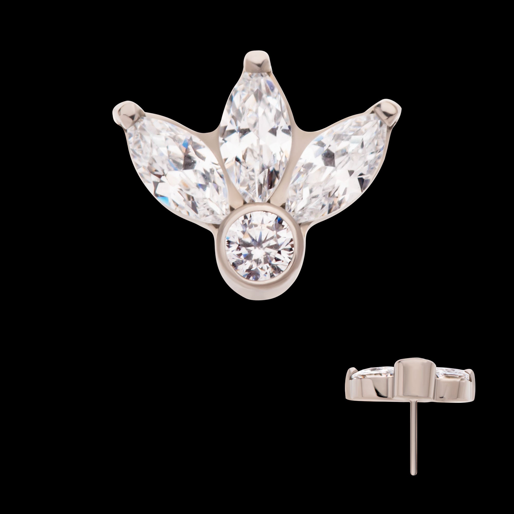 3-Cluster Marquise Gem Fan with Bezel Round Gem Flatback Stud Earring / Nosering - Gem in Titanium